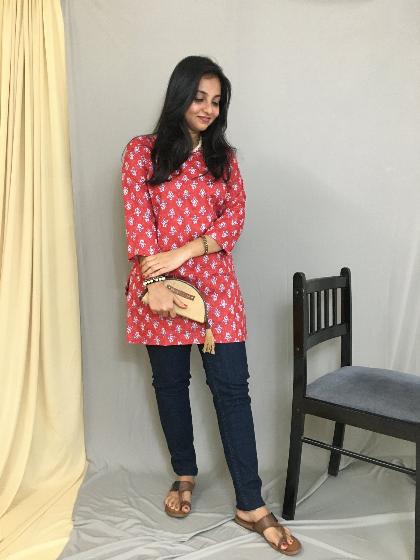 Red Flower Print Short Kurti - Pure Cotton