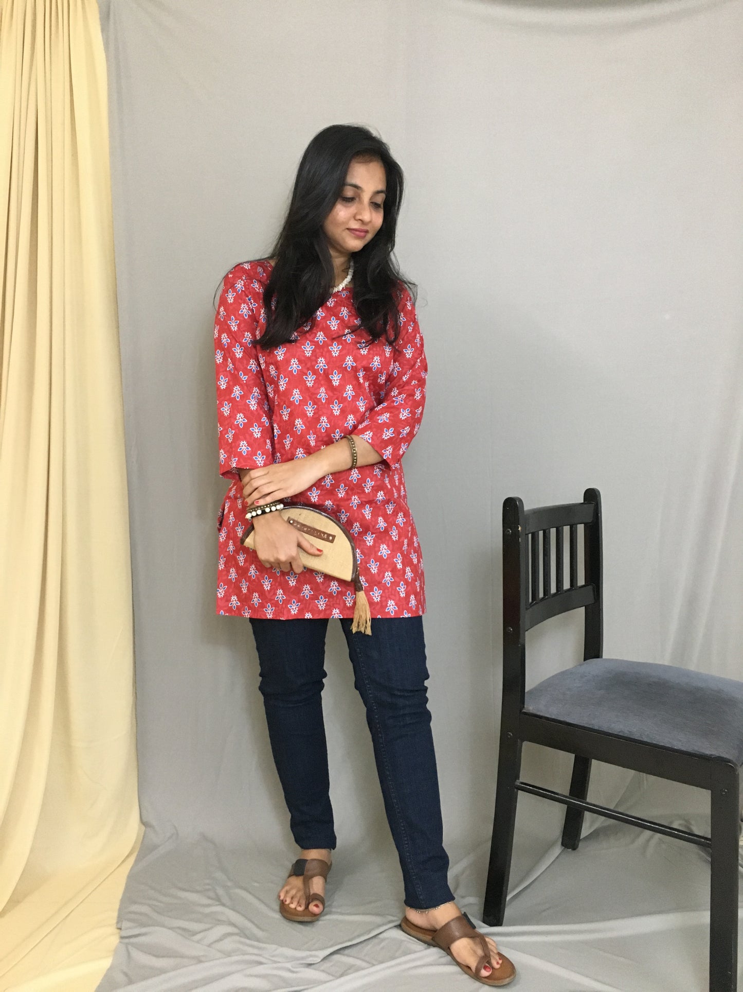 Red Flower Print Short Kurti - Pure Cotton