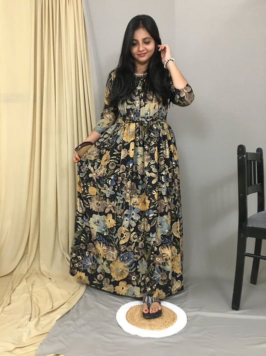 Black Grey Flower - Maternity Kurti with Feeding Zips - Soft Rayon
