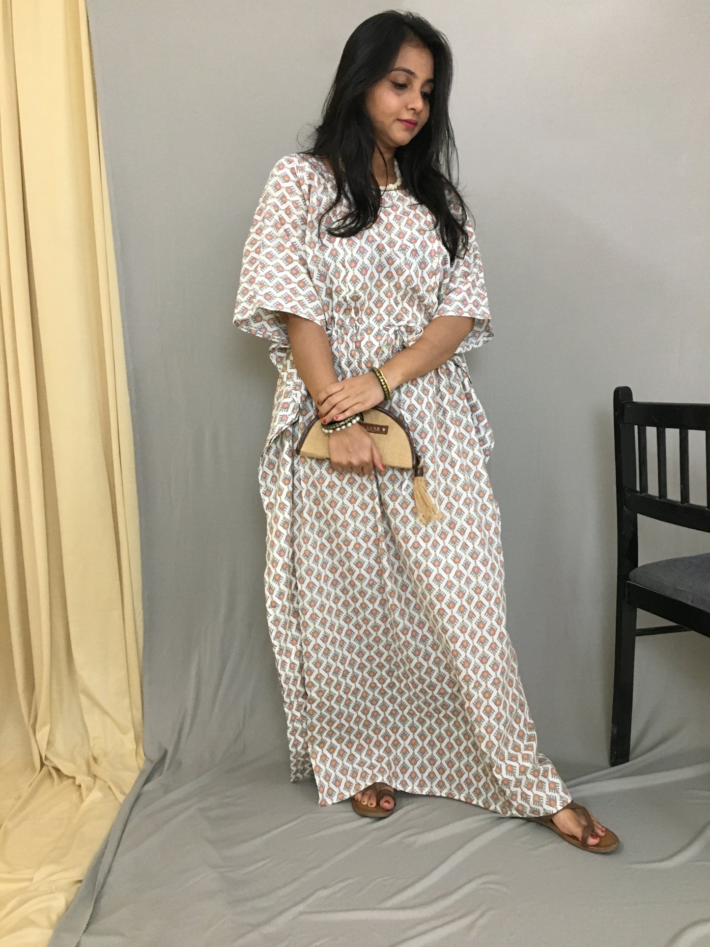 Beautiful Flower Print - Maternity / Feeding Zips - Kaftan - Free Size - Pure Cotton - Dno - 2