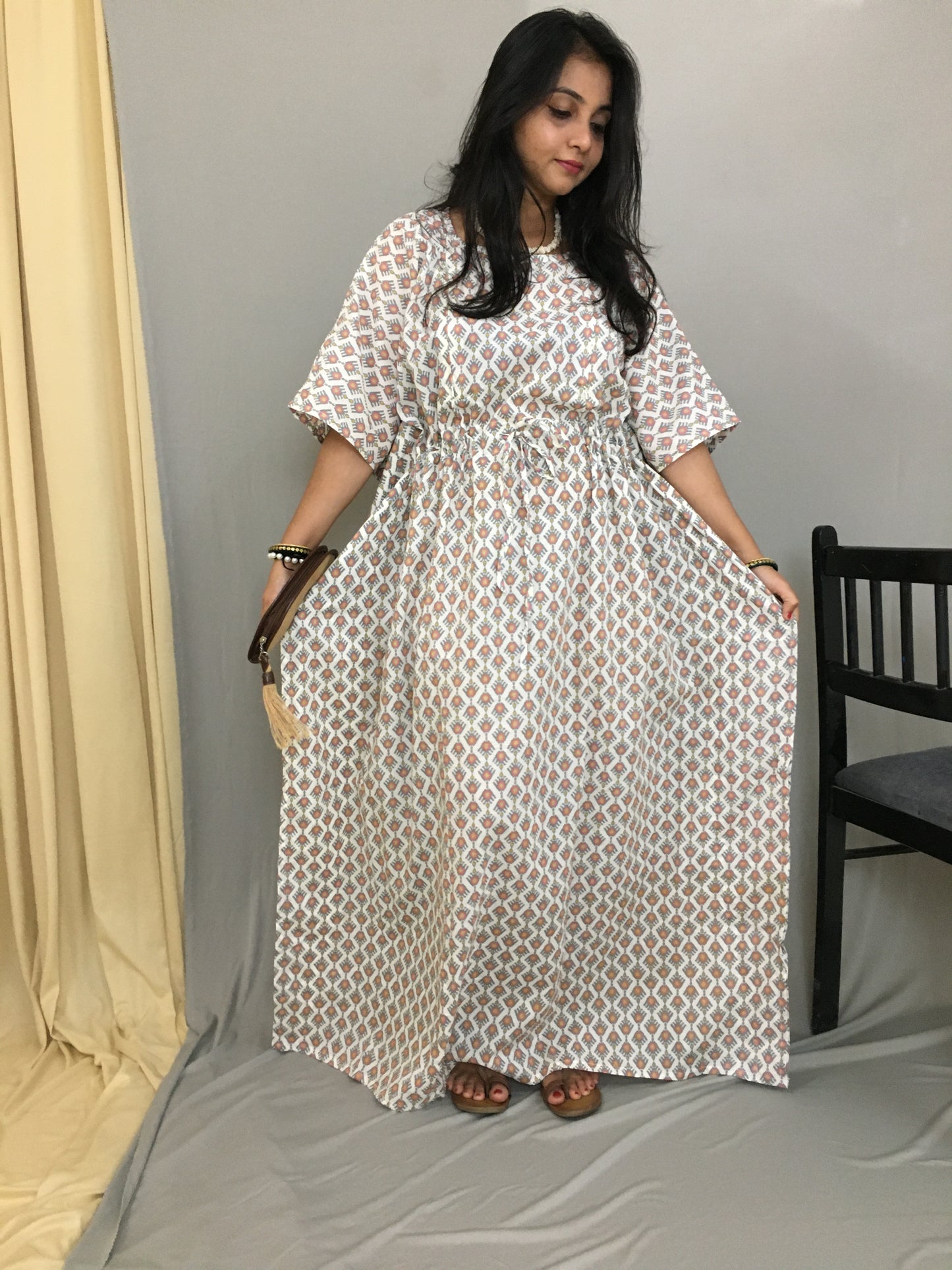 Beautiful Flower Print - Maternity / Feeding Zips - Kaftan - Free Size - Pure Cotton - Dno - 2