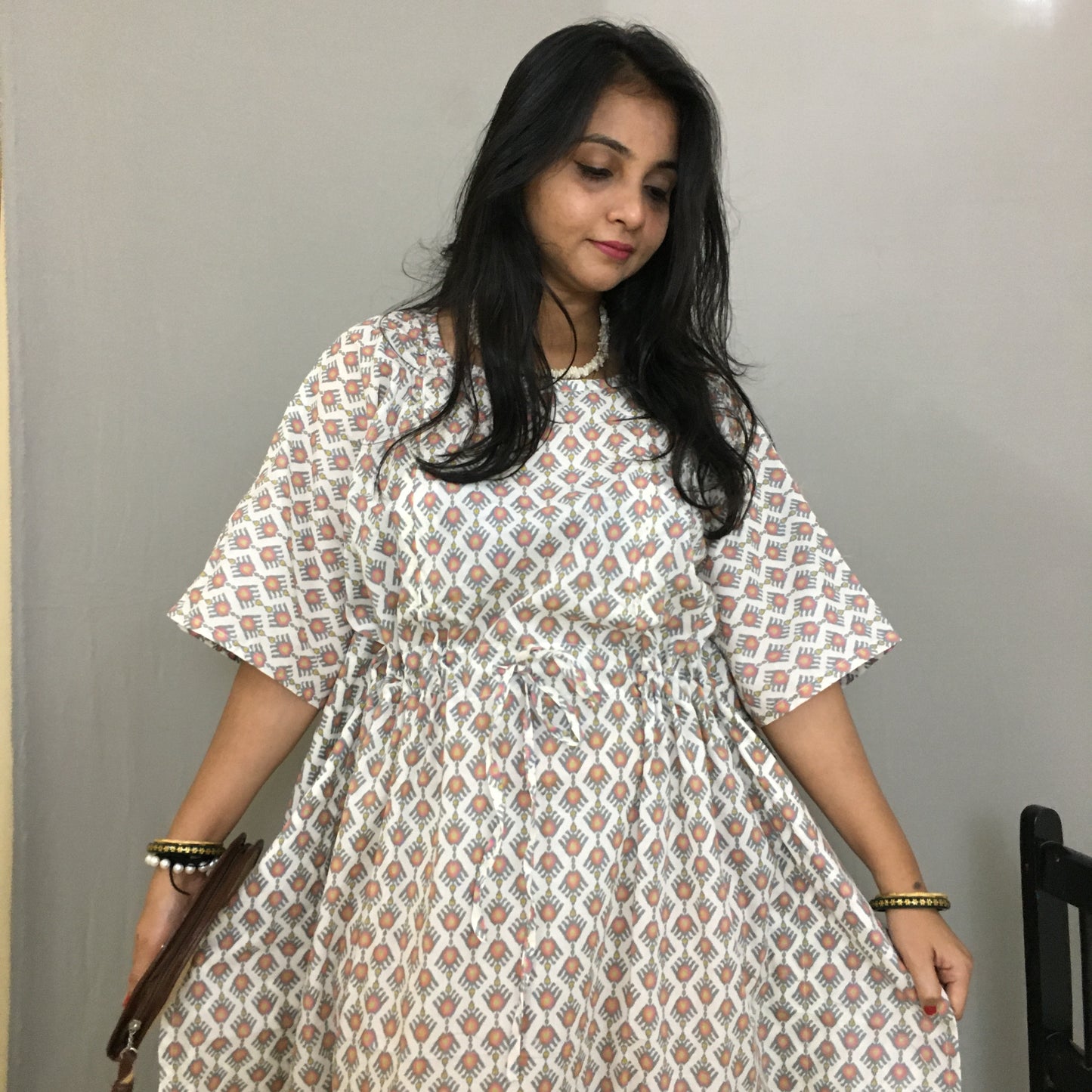 Beautiful Flower Print - Maternity / Feeding Zips - Kaftan - Free Size - Pure Cotton - Dno - 2