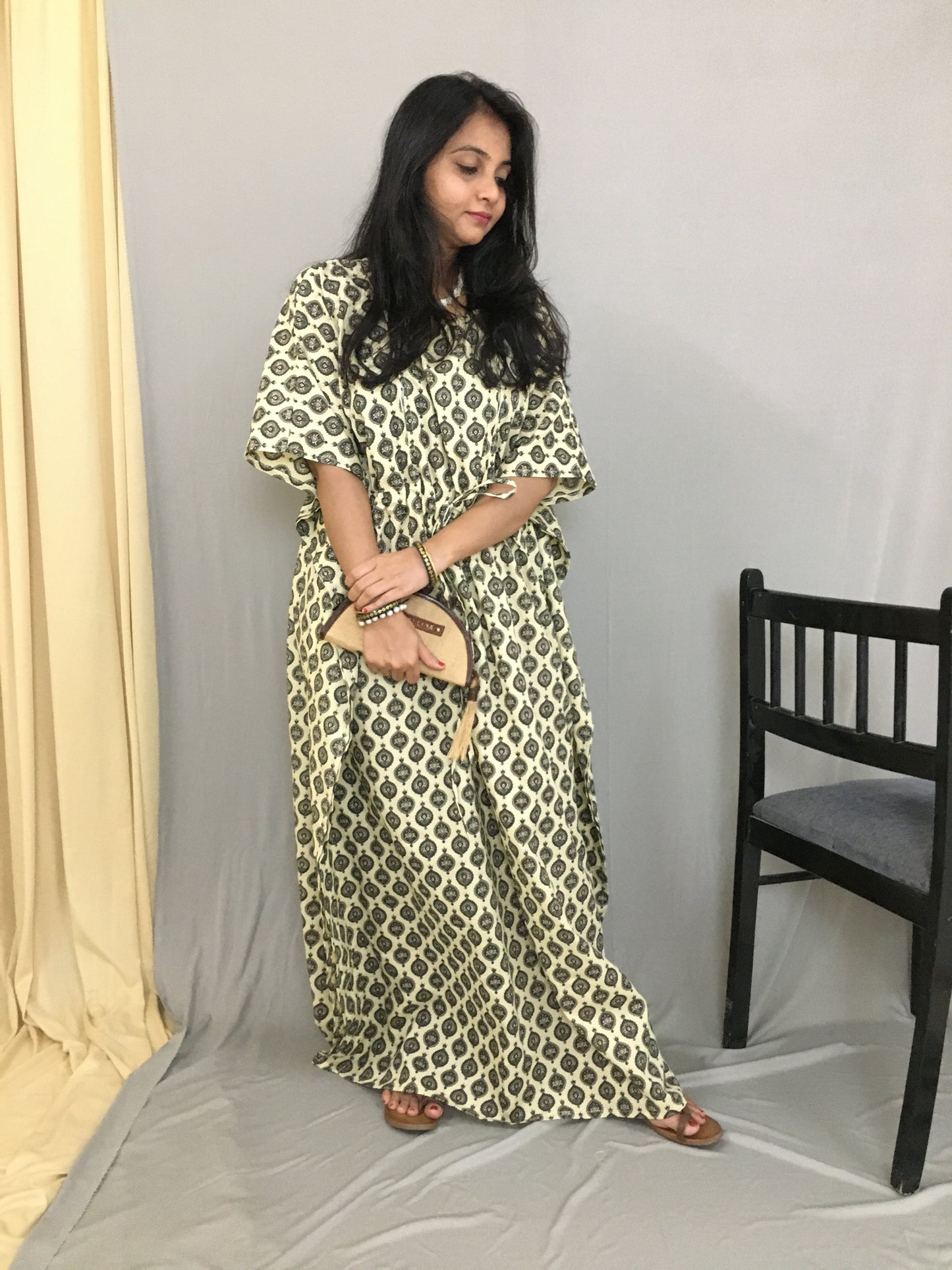 Beautiful Flower Print - Maternity / Feeding Zips - Kaftan - Free Size - Pure Cotton - Dno - 5