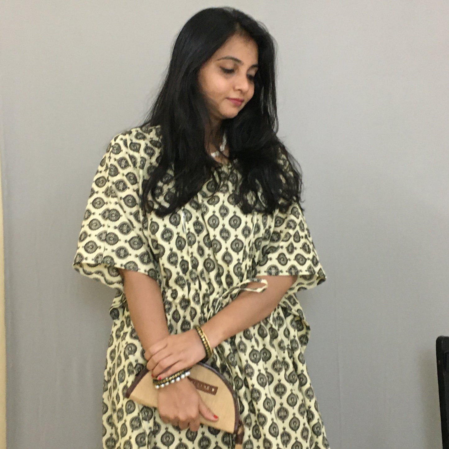 Beautiful Flower Print - Maternity / Feeding Zips - Kaftan - Free Size - Pure Cotton - Dno - 5