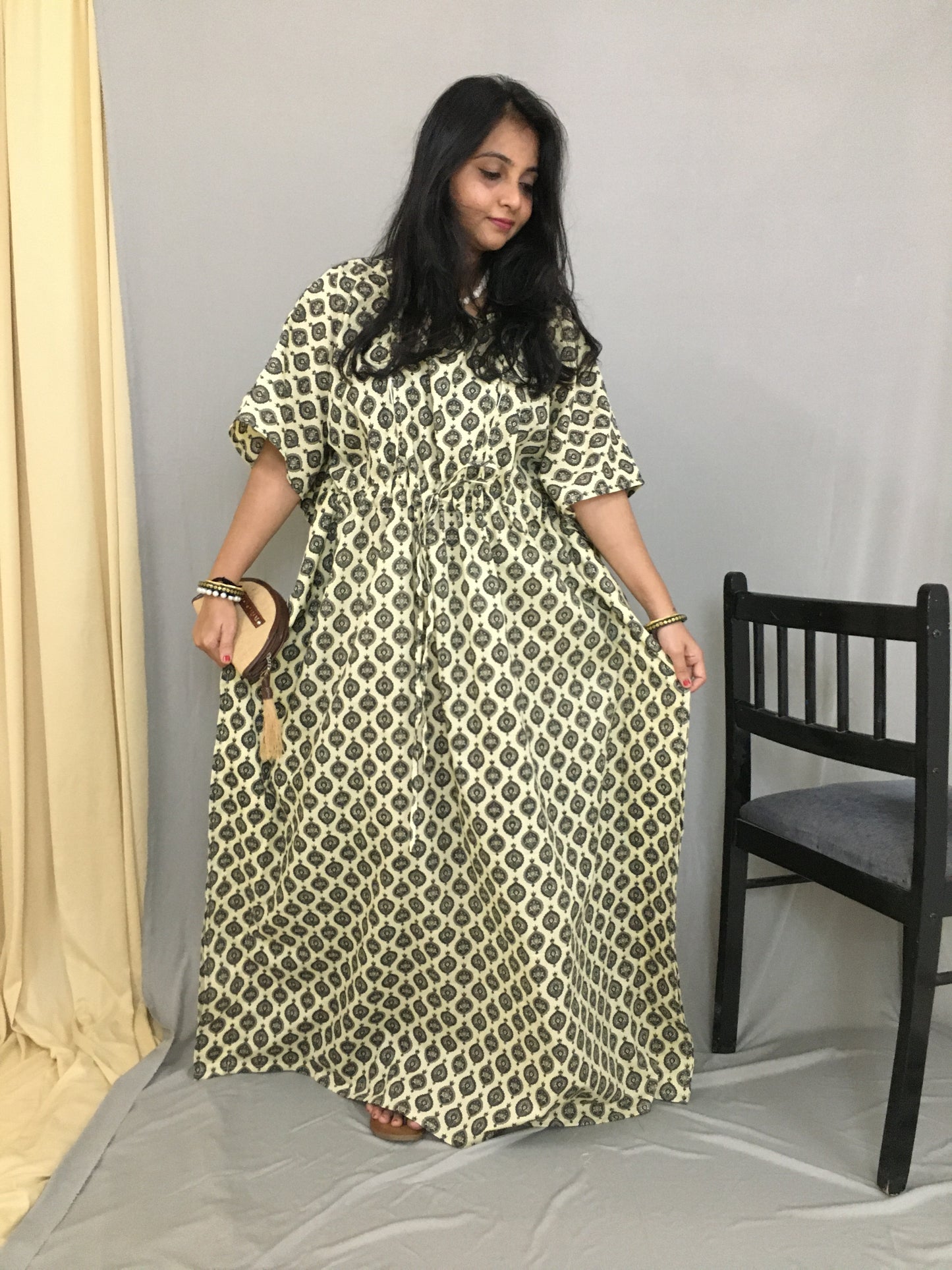 Beautiful Flower Print - Maternity / Feeding Zips - Kaftan - Free Size - Pure Cotton - Dno - 5