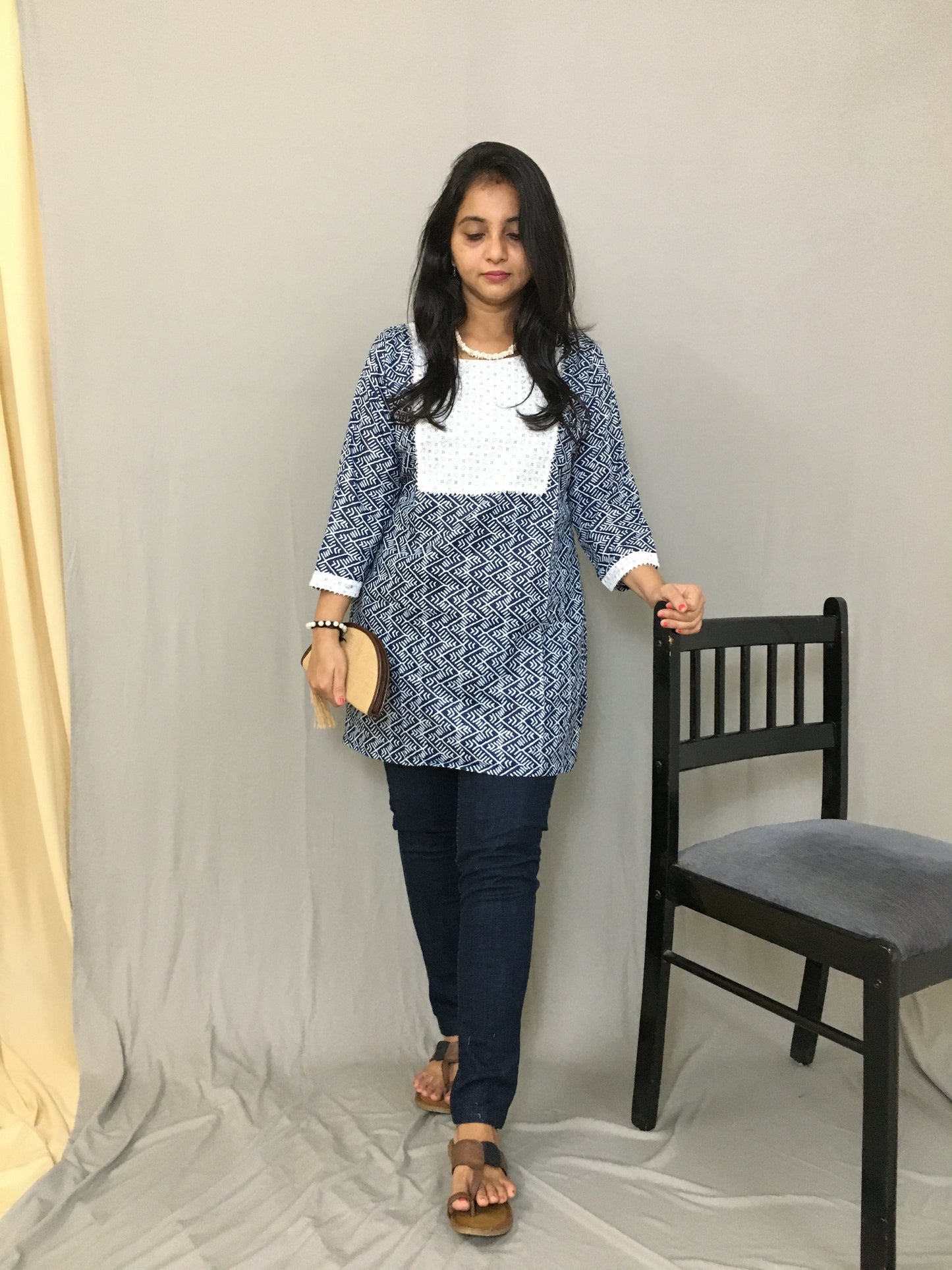 Blue ZigZAG Print Short Kurti - Pure Cotton
