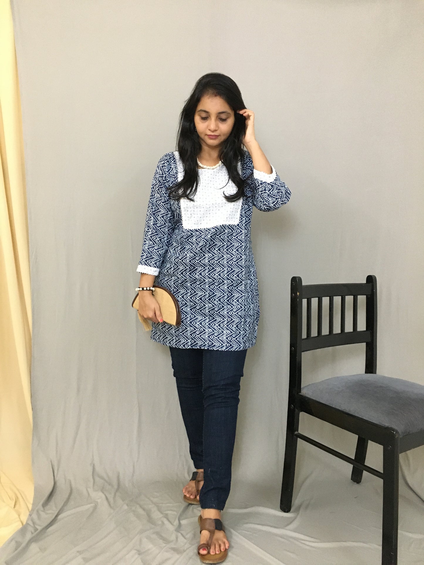 Blue ZigZAG Print Short Kurti - Pure Cotton