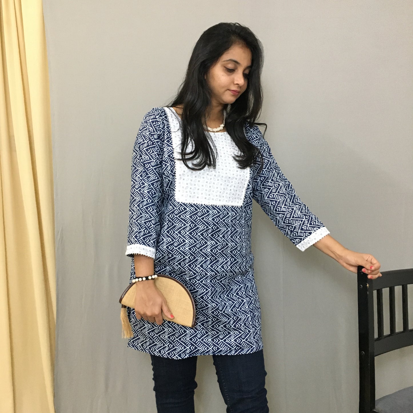 Blue ZigZAG Print Short Kurti - Pure Cotton