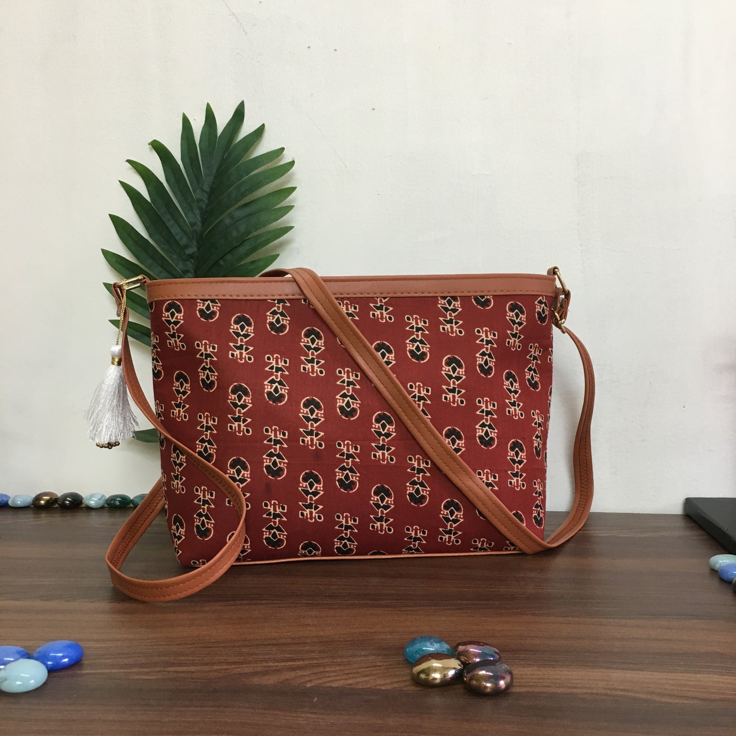Minsk - 3 zip- Big size - Sling Bag - Ajrakh Maroon