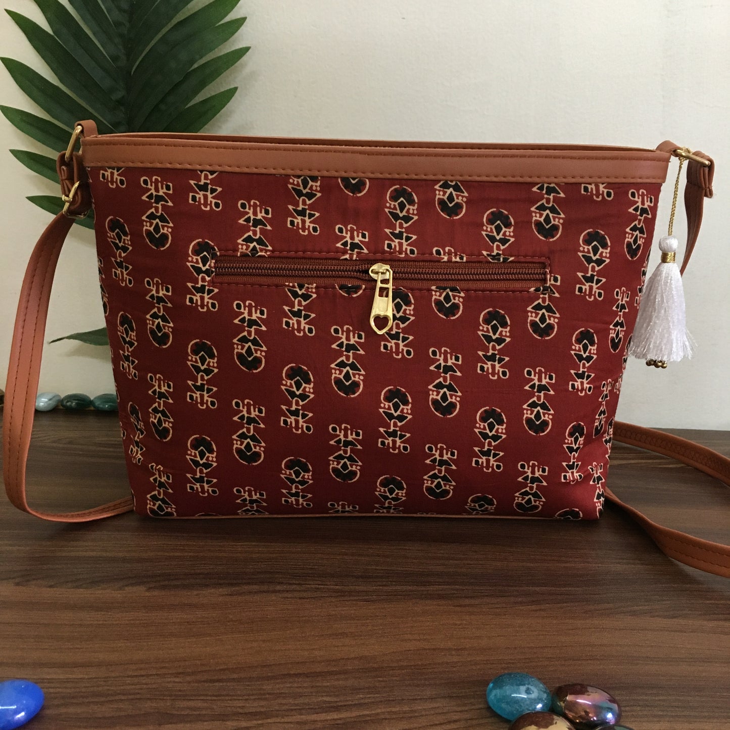 Minsk - 3 zip- Big size - Sling Bag - Ajrakh Maroon