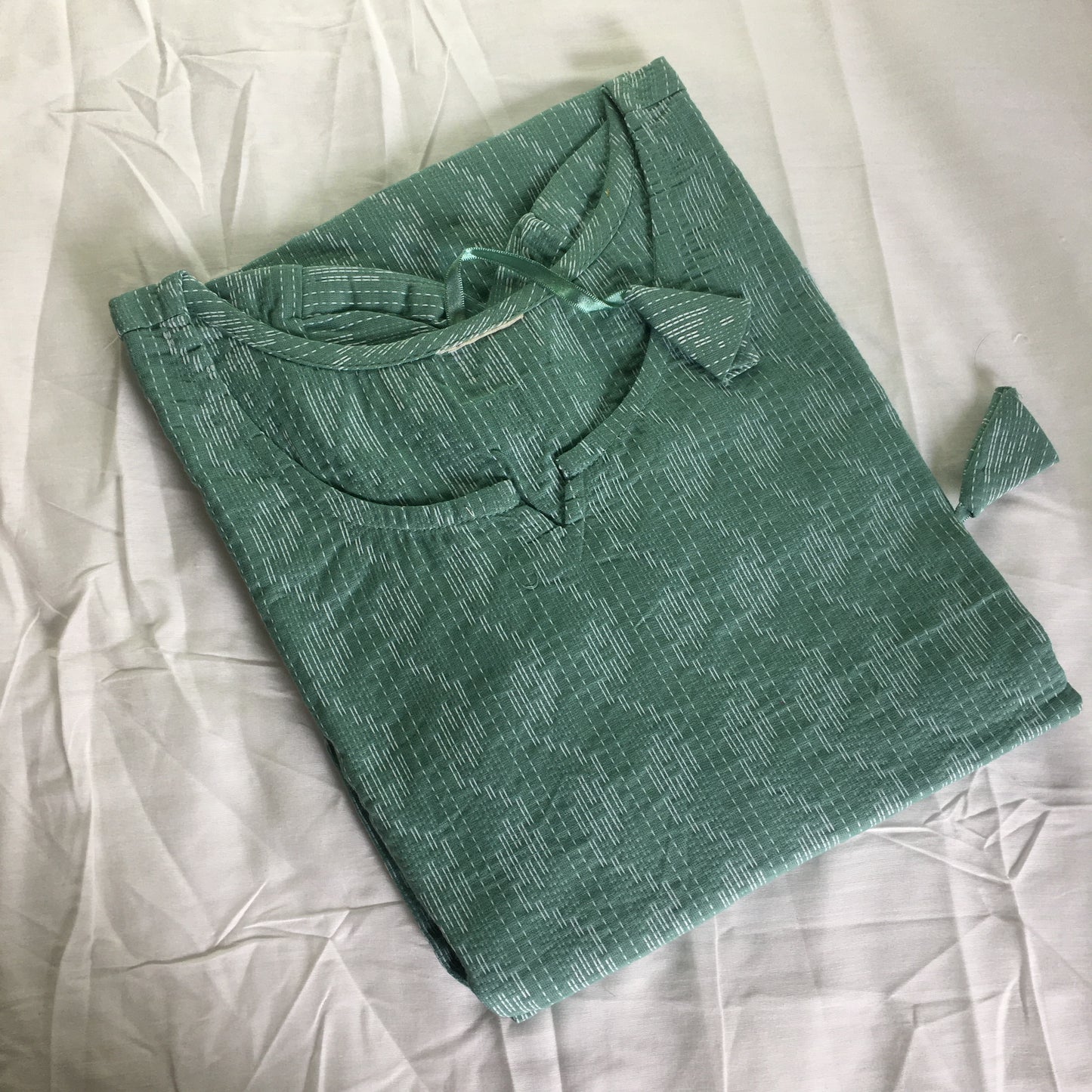 Pista Green Katha work Cotton Kurti- Knee Length - 3805