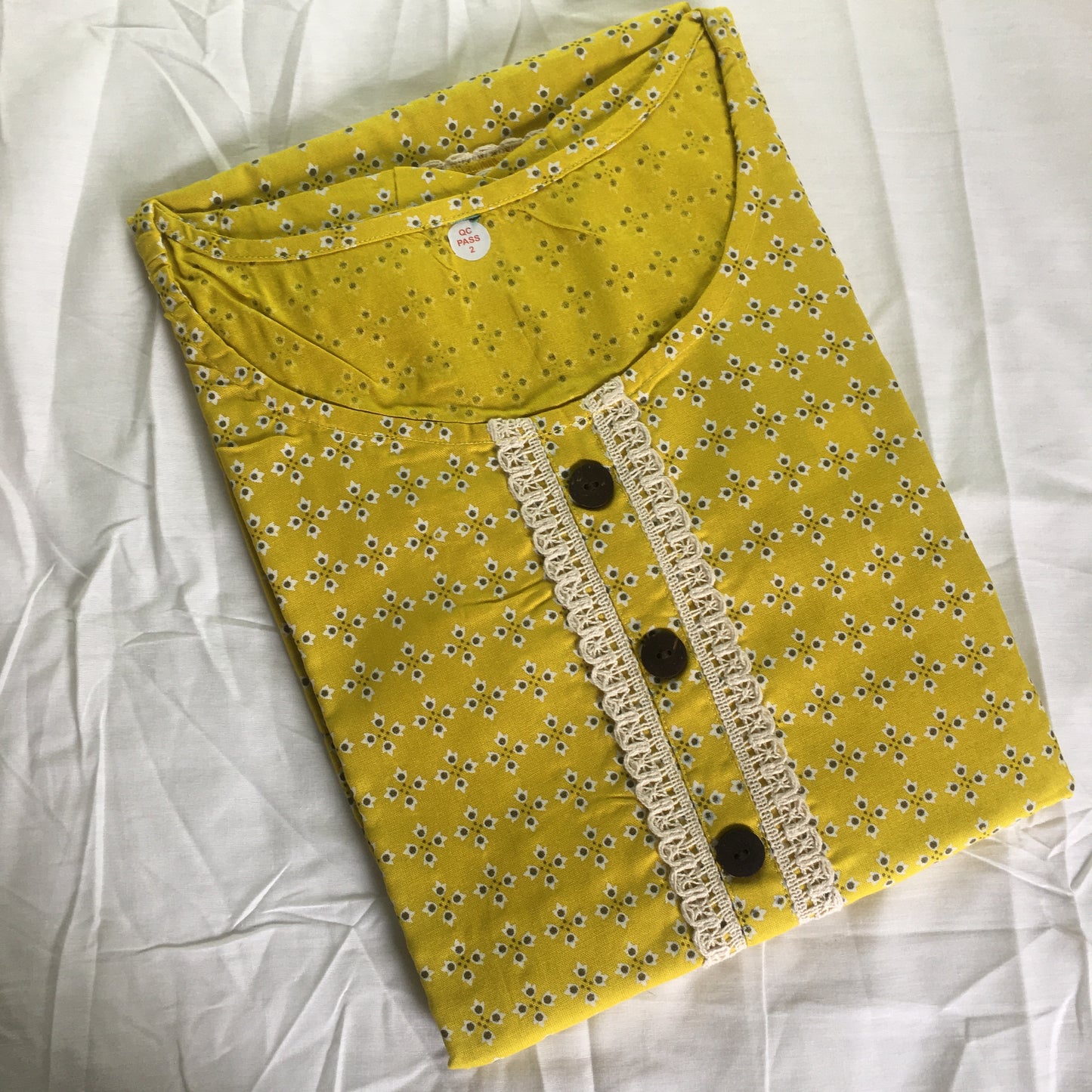 Yellow Lace work Cotton Kurti- Knee Length - 3871