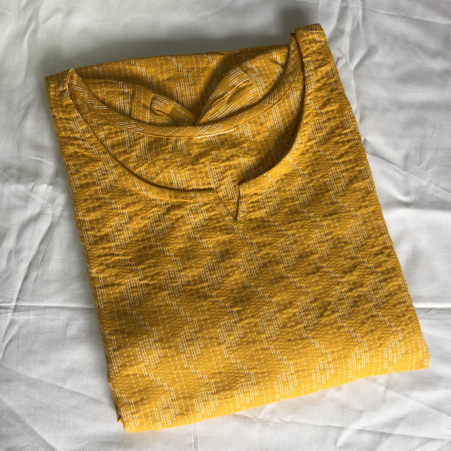 Yellow Katha work Cotton Kurti- Knee Length - 3568