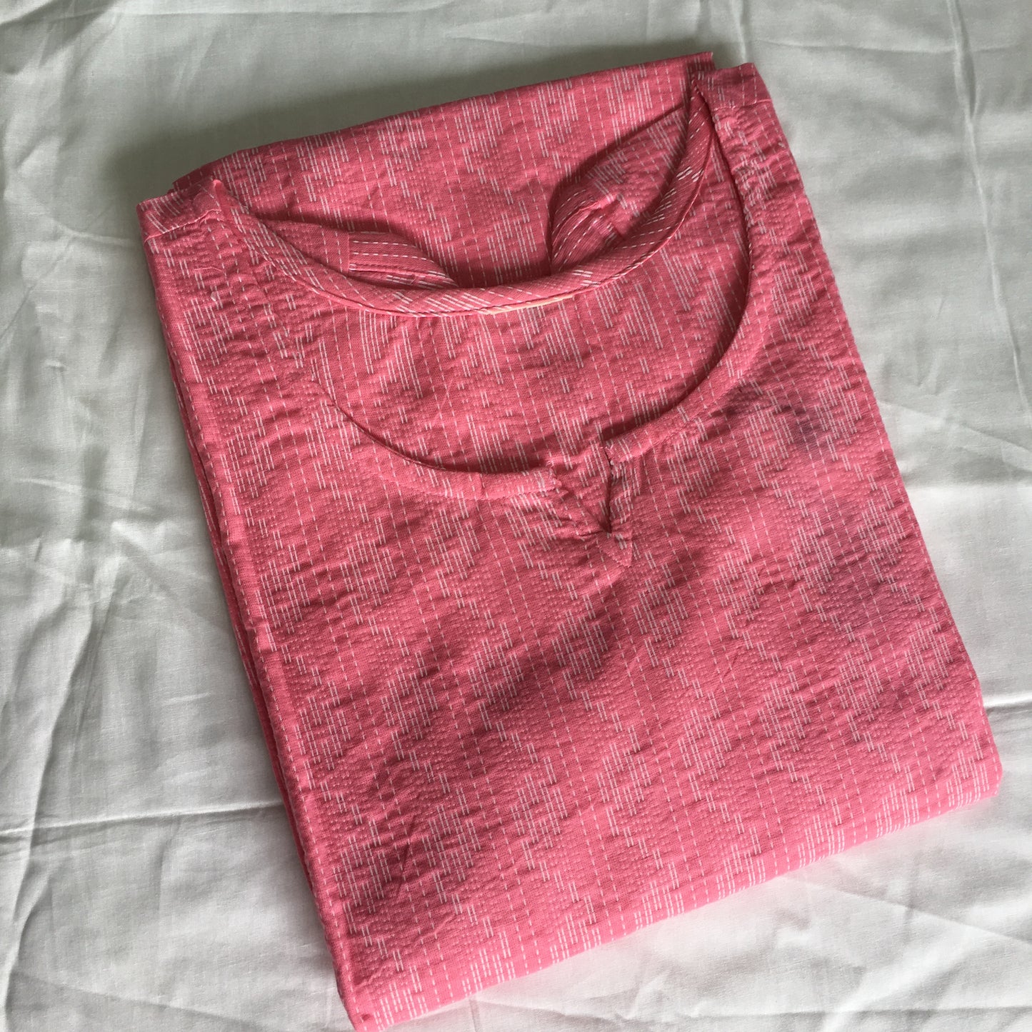 Light Pink Katha work Cotton Kurti- Knee Length - 3803