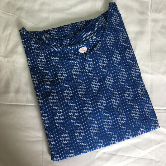 Blue Katha work Cotton Kurti- Knee Length - 3567