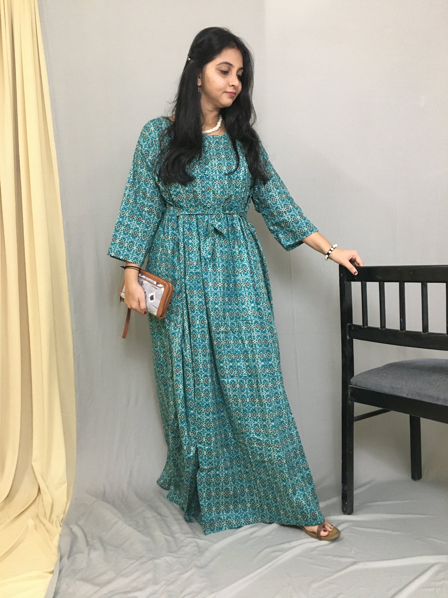 Maternity Kurti with Feeding Zips - Pure Cotton - Kalamkari Ajrakh Firozi