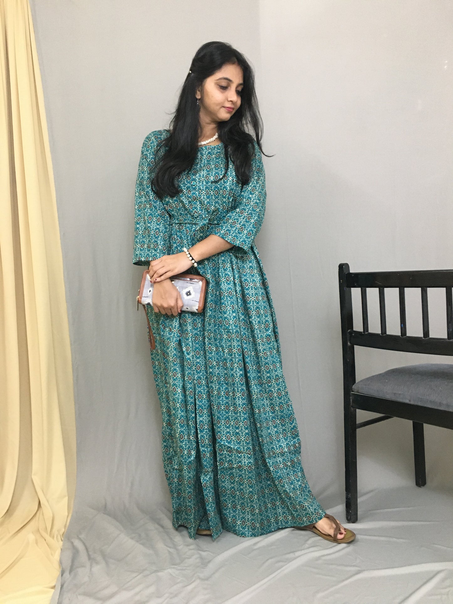 Maternity Kurti with Feeding Zips - Pure Cotton - Kalamkari Ajrakh Firozi