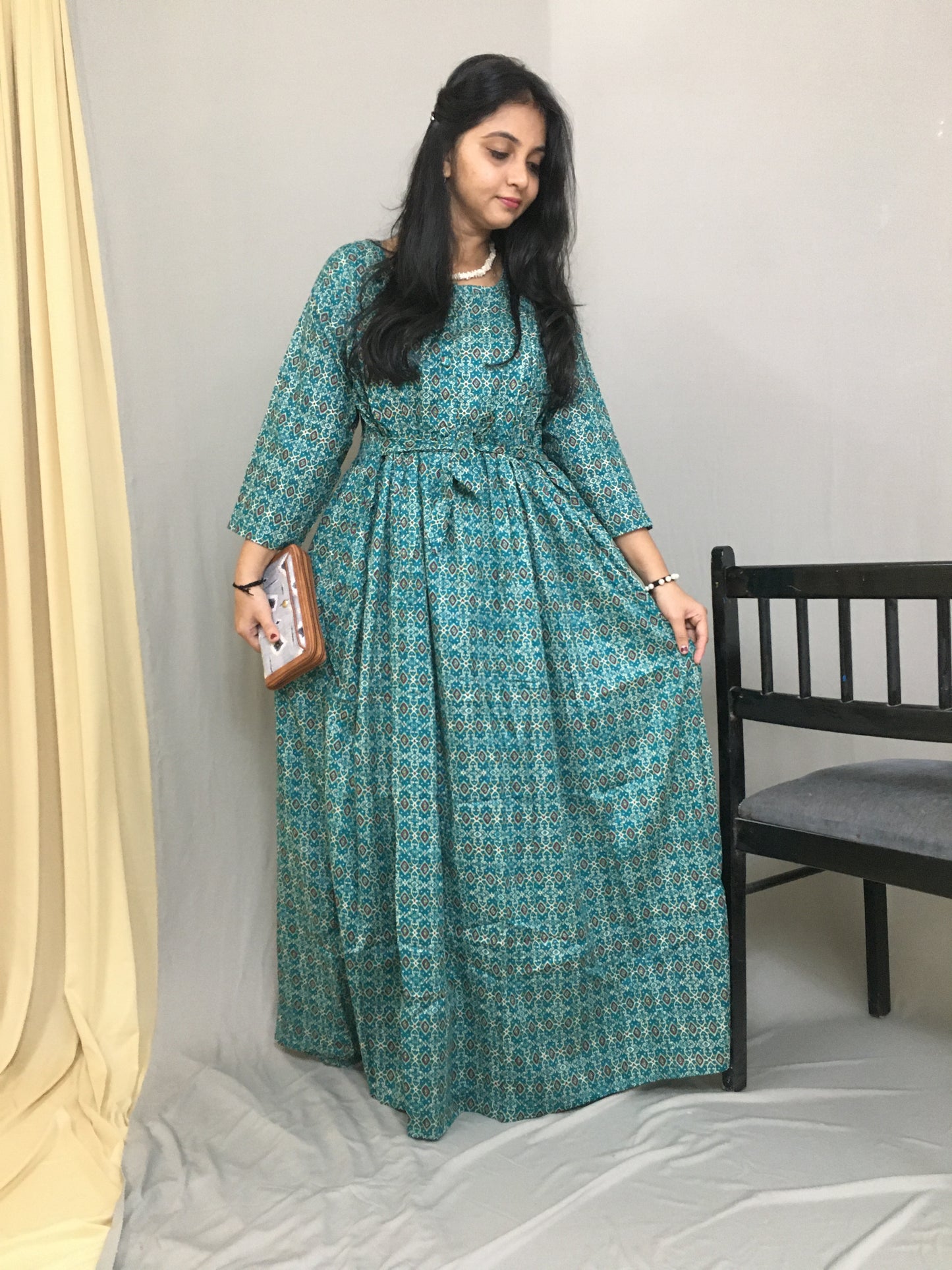 Maternity Kurti with Feeding Zips - Pure Cotton - Kalamkari Ajrakh Firozi