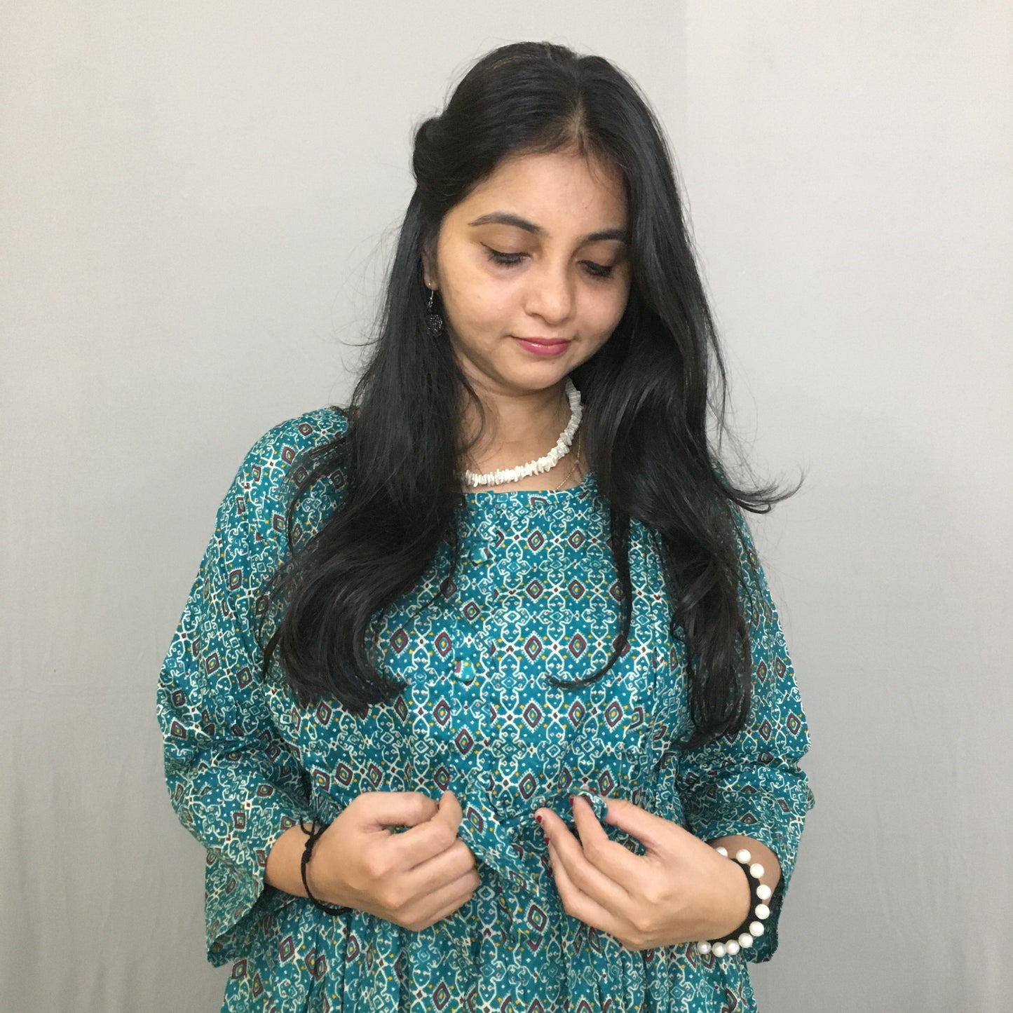 Maternity Kurti with Feeding Zips - Pure Cotton - Kalamkari Ajrakh Firozi