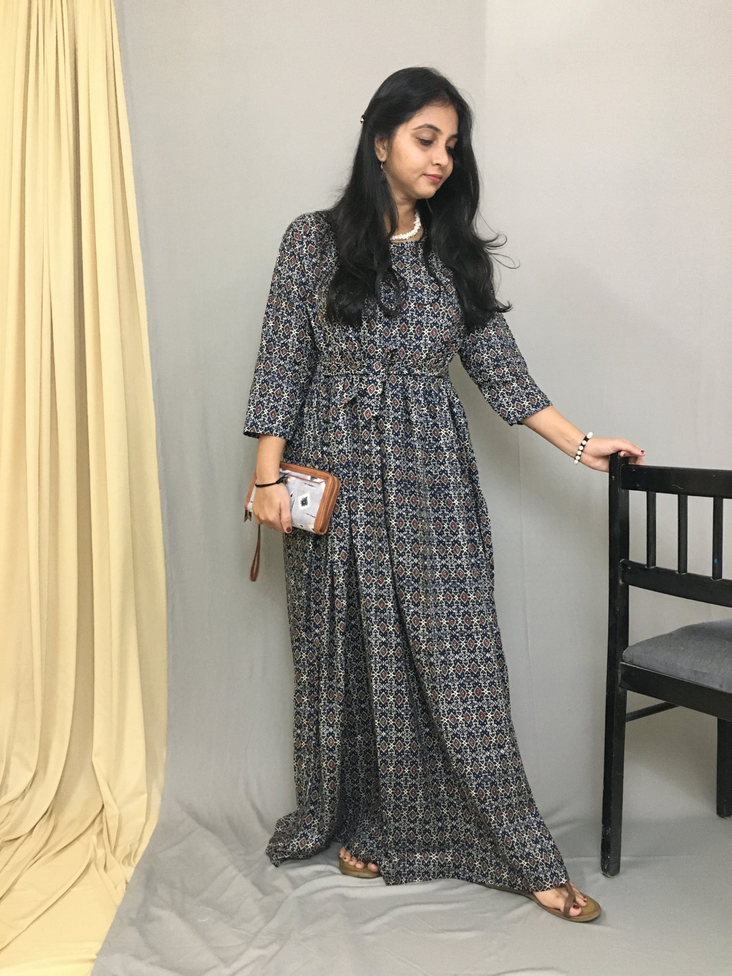 Maternity Kurti with Feeding Zips - Pure Cotton - Kalamkari Ajrakh Blue