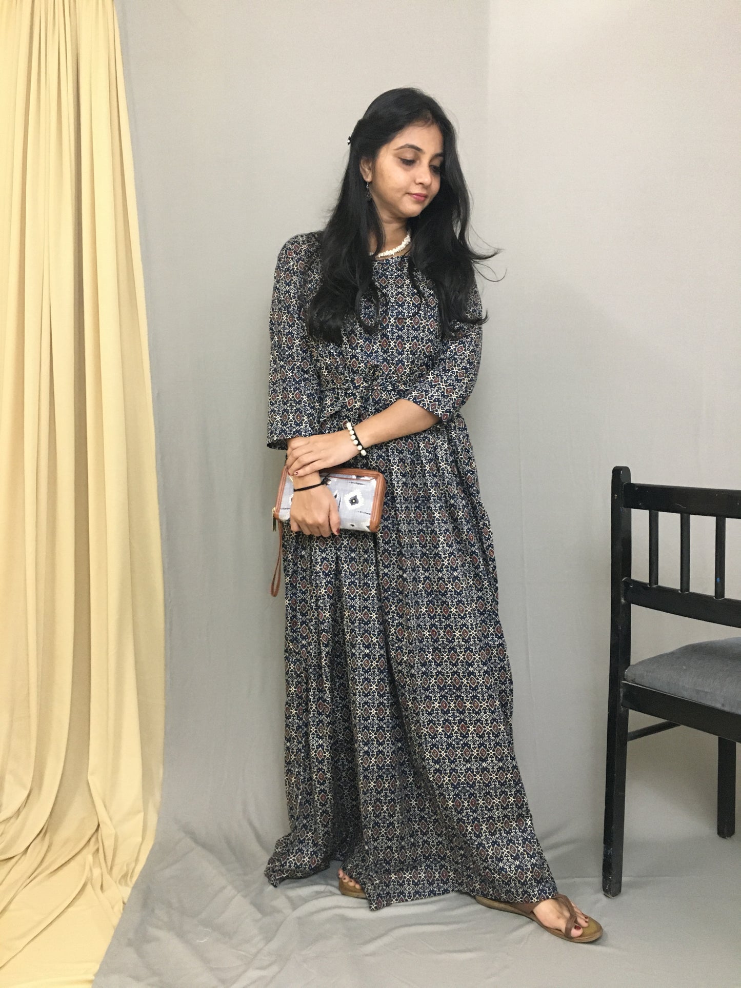 Maternity Kurti with Feeding Zips - Pure Cotton - Kalamkari Ajrakh Blue