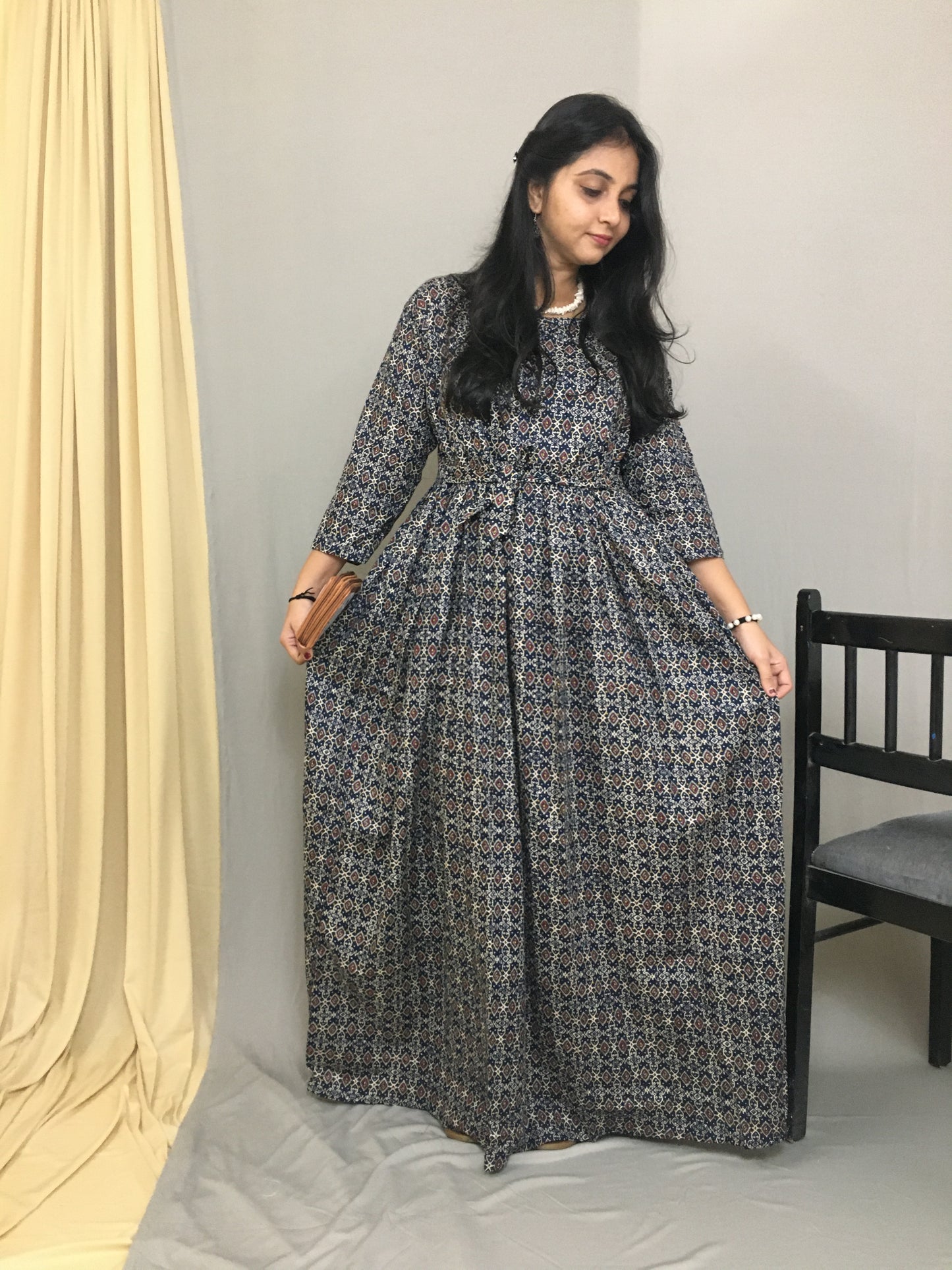 Maternity Kurti with Feeding Zips - Pure Cotton - Kalamkari Ajrakh Blue