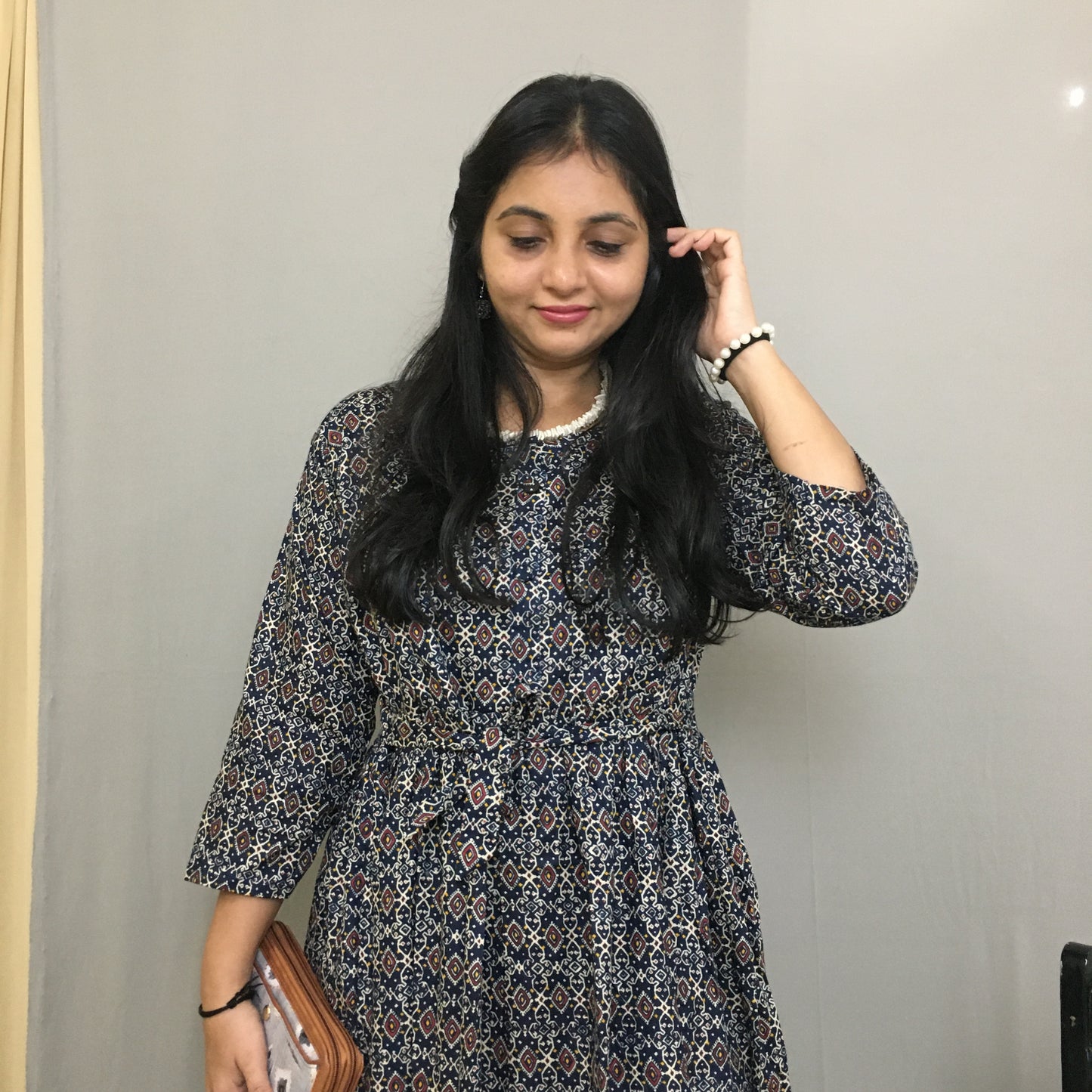 Maternity Kurti with Feeding Zips - Pure Cotton - Kalamkari Ajrakh Blue