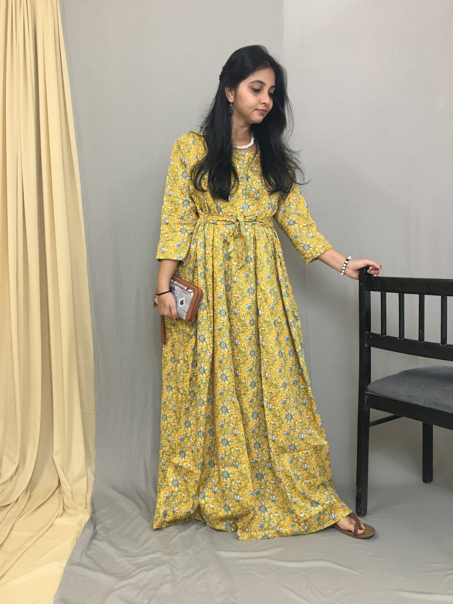 Maternity Kurti with Feeding Zips - Pure Cotton - Yellow Multi flower Print