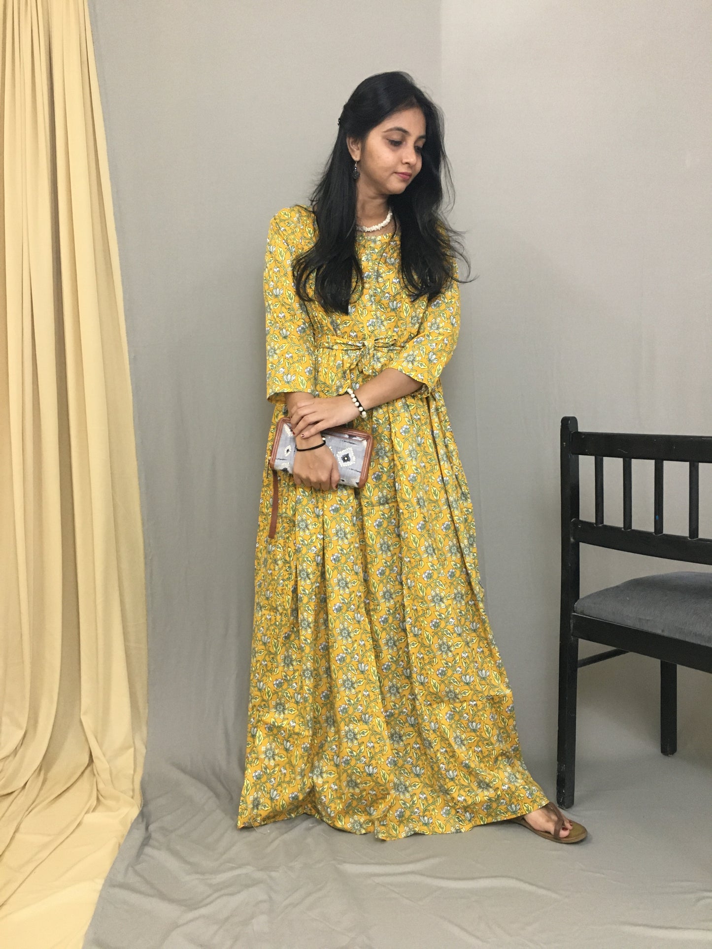 Maternity Kurti with Feeding Zips - Pure Cotton - Yellow Multi flower Print