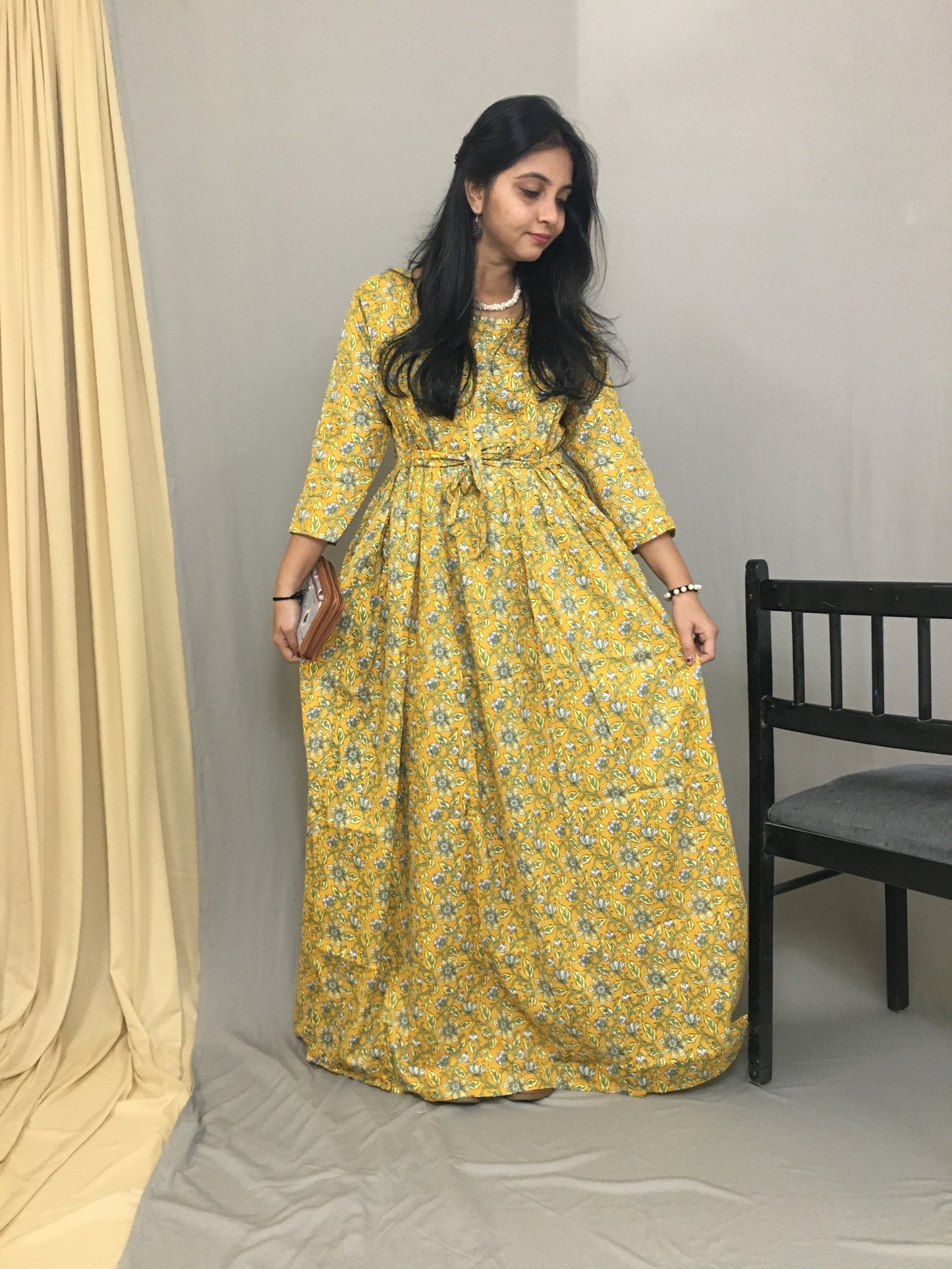 Maternity Kurti with Feeding Zips - Pure Cotton - Yellow Multi flower Print