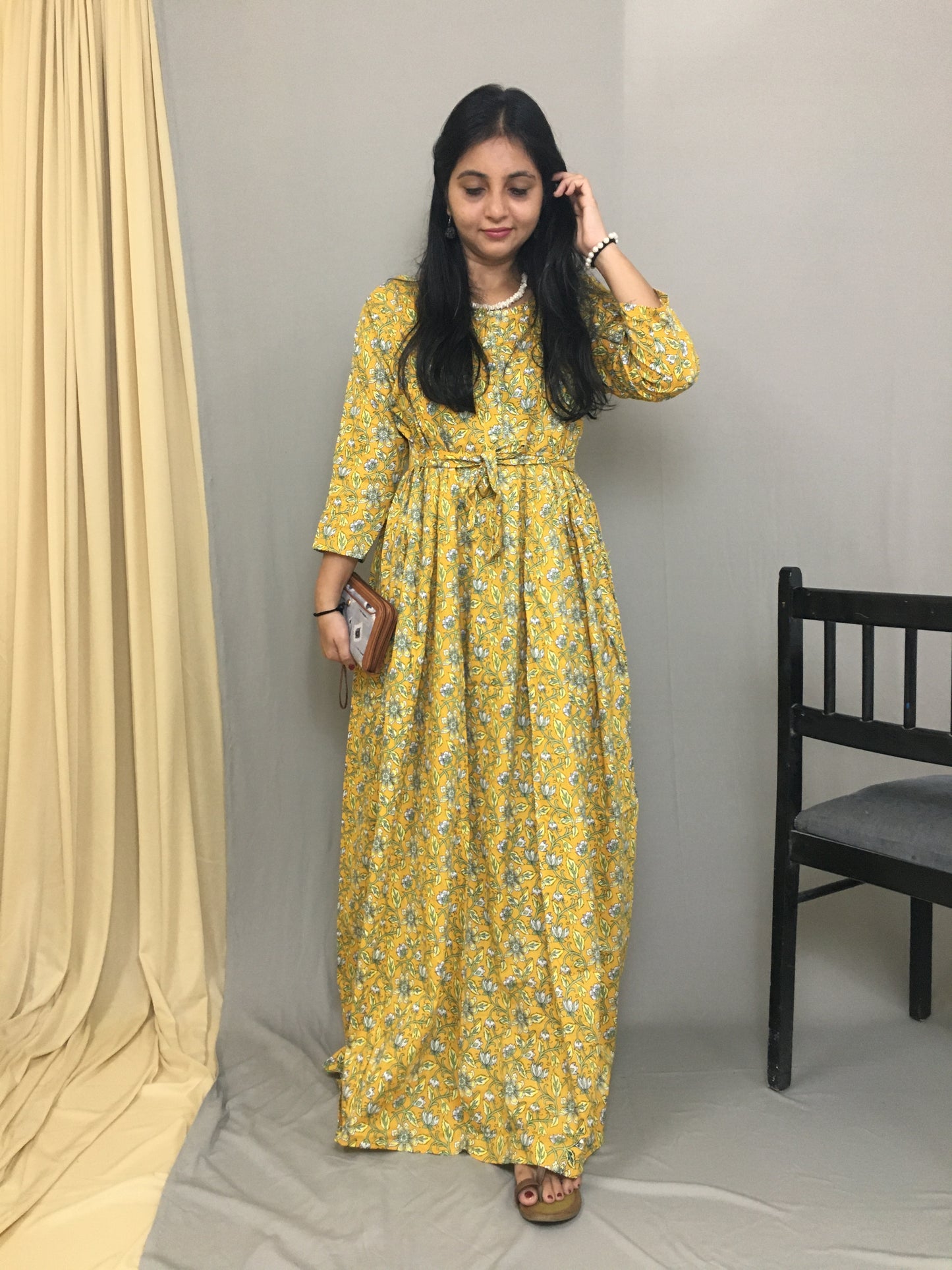 Maternity Kurti with Feeding Zips - Pure Cotton - Yellow Multi flower Print