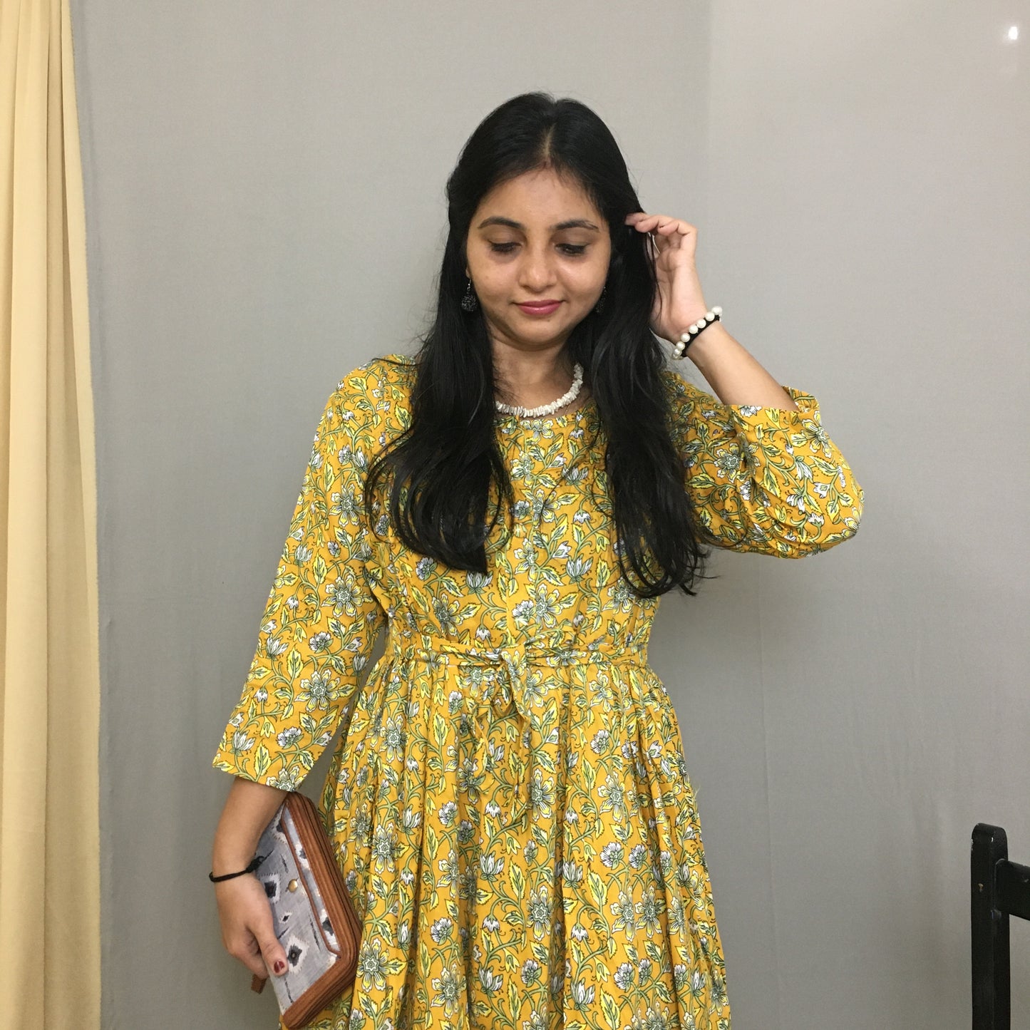 Maternity Kurti with Feeding Zips - Pure Cotton - Yellow Multi flower Print