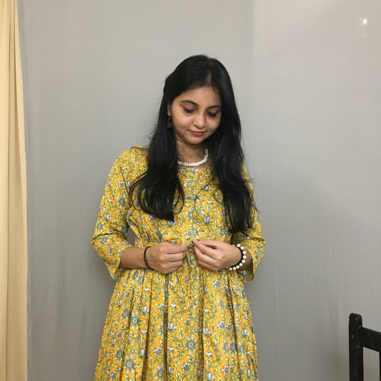 Maternity Kurti with Feeding Zips - Pure Cotton - Yellow Multi flower Print