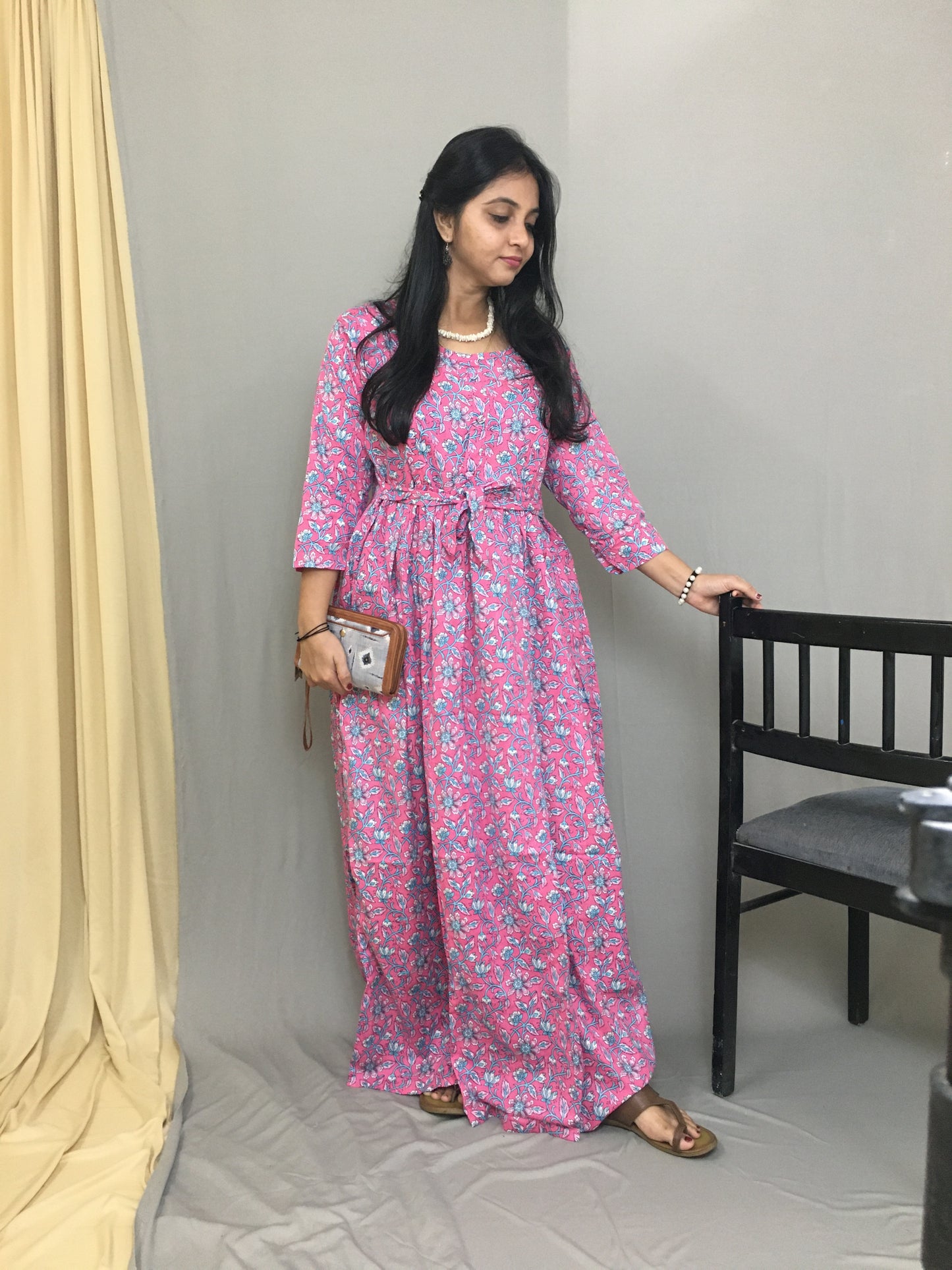 Maternity Kurti with Feeding Zips - Pure Cotton - Pink Multi flower Print