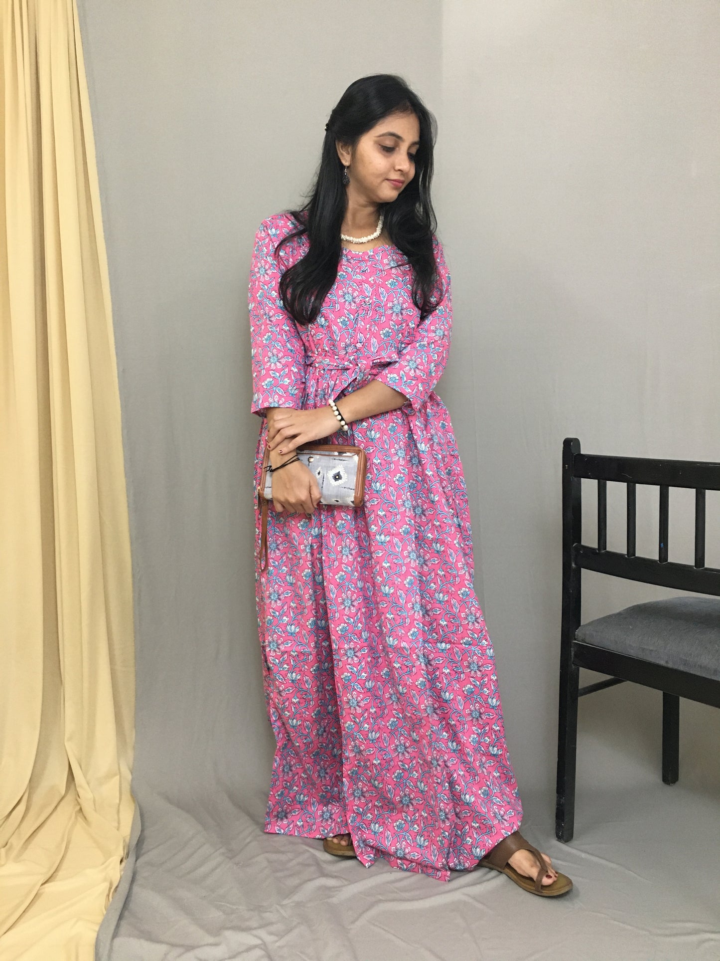 Maternity Kurti with Feeding Zips - Pure Cotton - Pink Multi flower Print