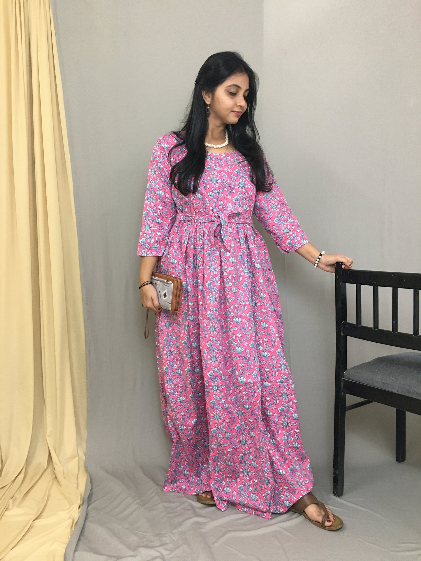 Maternity Kurti with Feeding Zips - Pure Cotton - Pink Multi flower Print