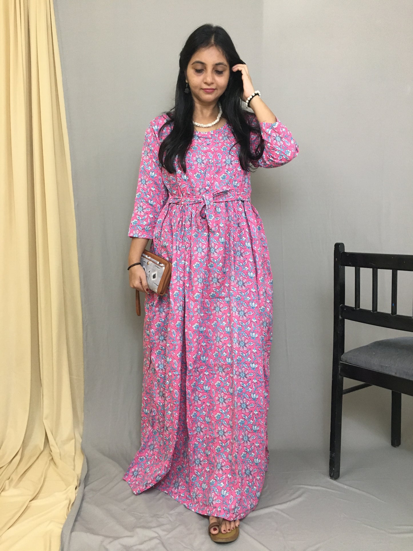 Maternity Kurti with Feeding Zips - Pure Cotton - Pink Multi flower Print