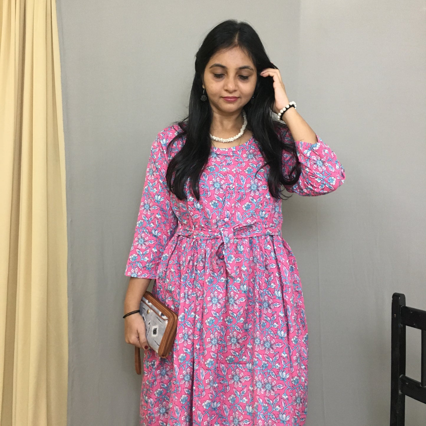 Maternity Kurti with Feeding Zips - Pure Cotton - Pink Multi flower Print