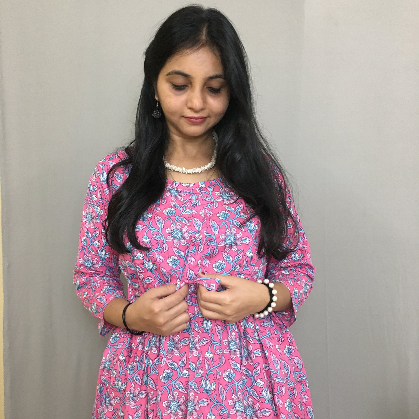 Maternity Kurti with Feeding Zips - Pure Cotton - Pink Multi flower Print