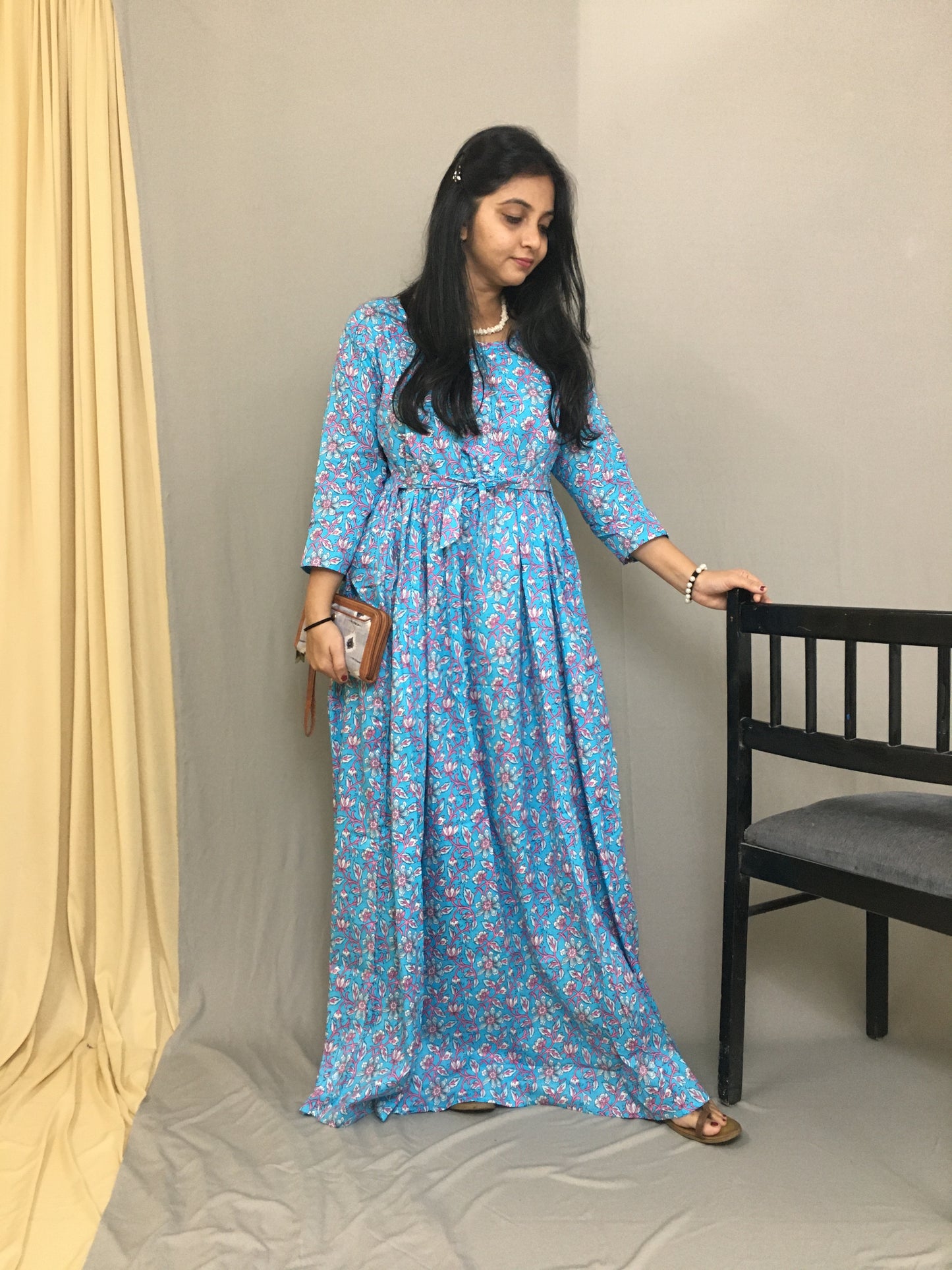 Maternity Kurti with Feeding Zips - Pure Cotton - Firozi Multi flower Print