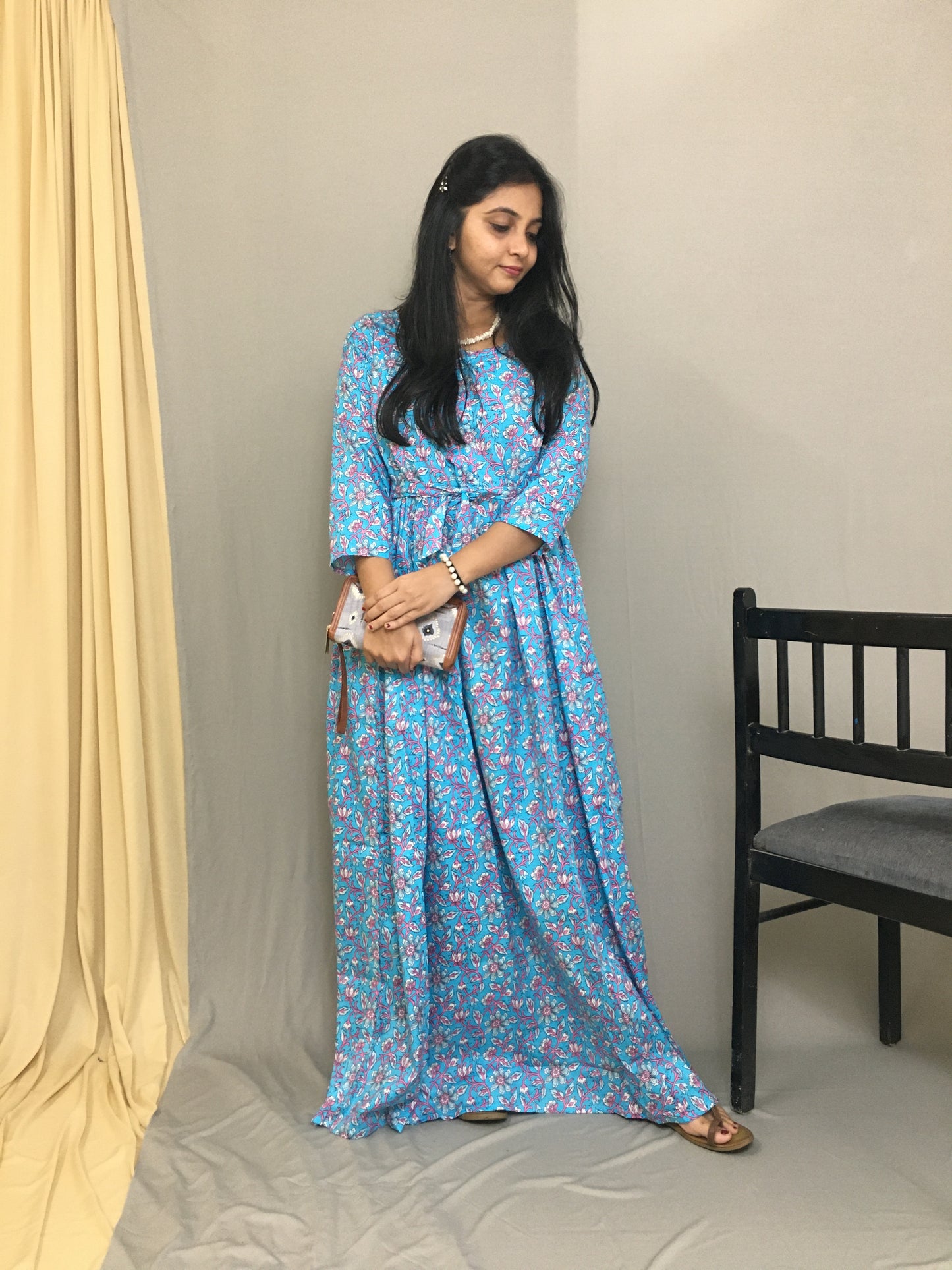 Maternity Kurti with Feeding Zips - Pure Cotton - Firozi Multi flower Print