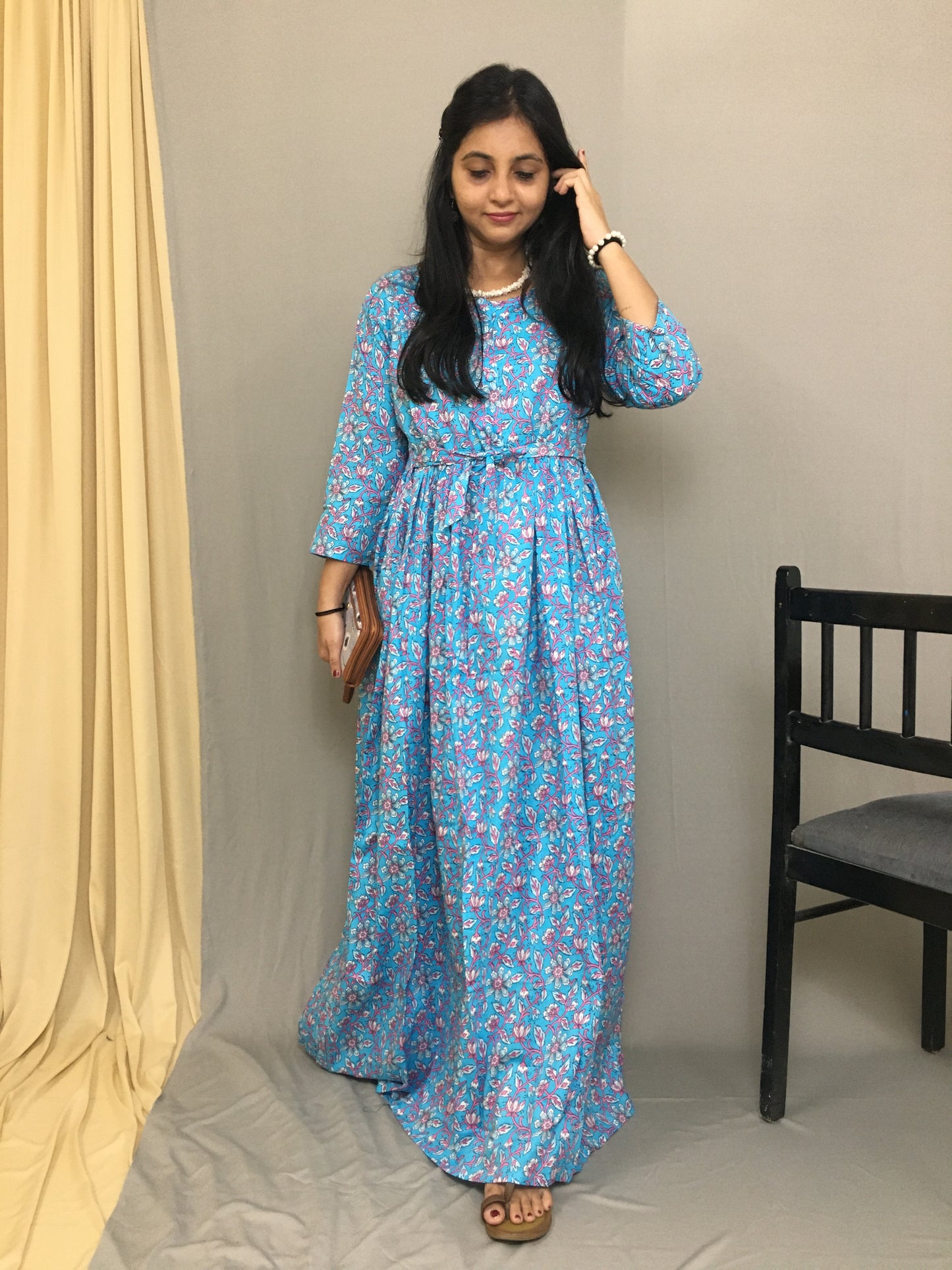 Maternity Kurti with Feeding Zips - Pure Cotton - Firozi Multi flower Print