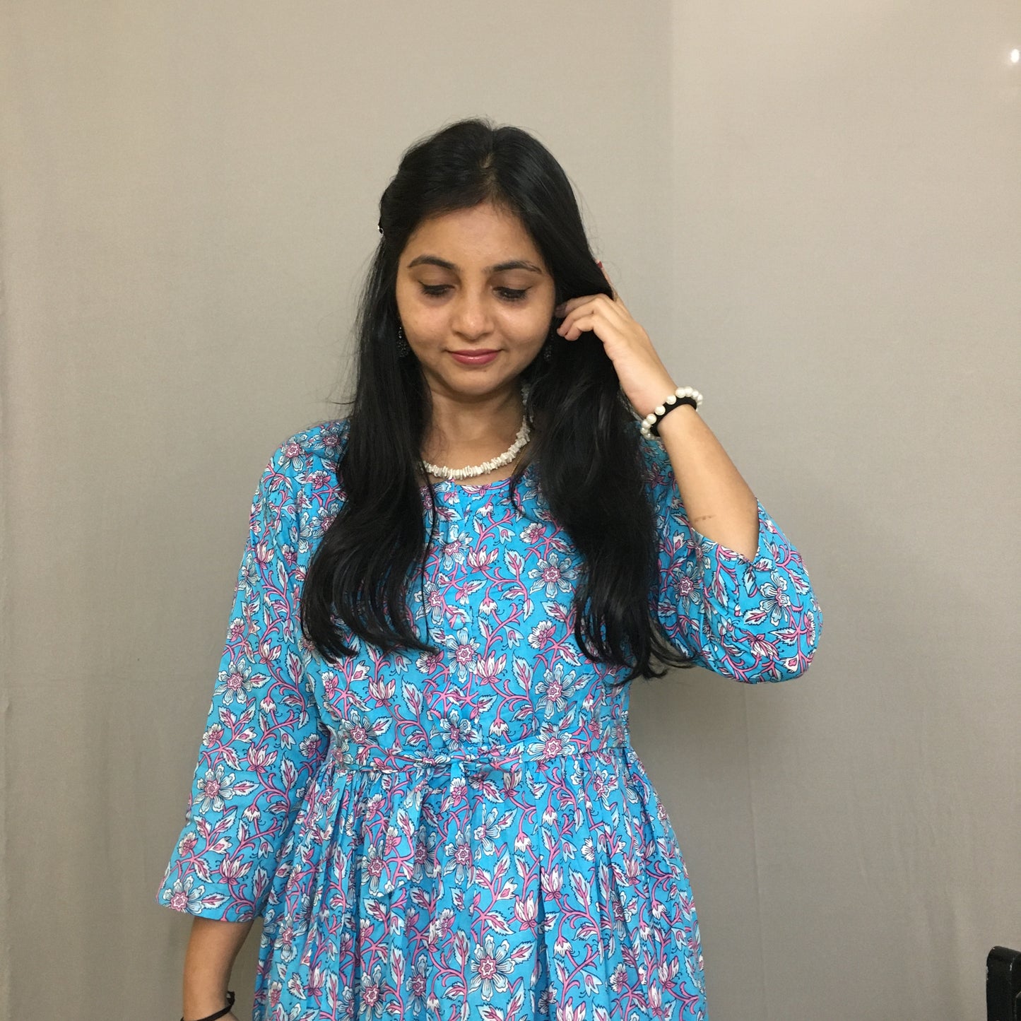 Maternity Kurti with Feeding Zips - Pure Cotton - Firozi Multi flower Print