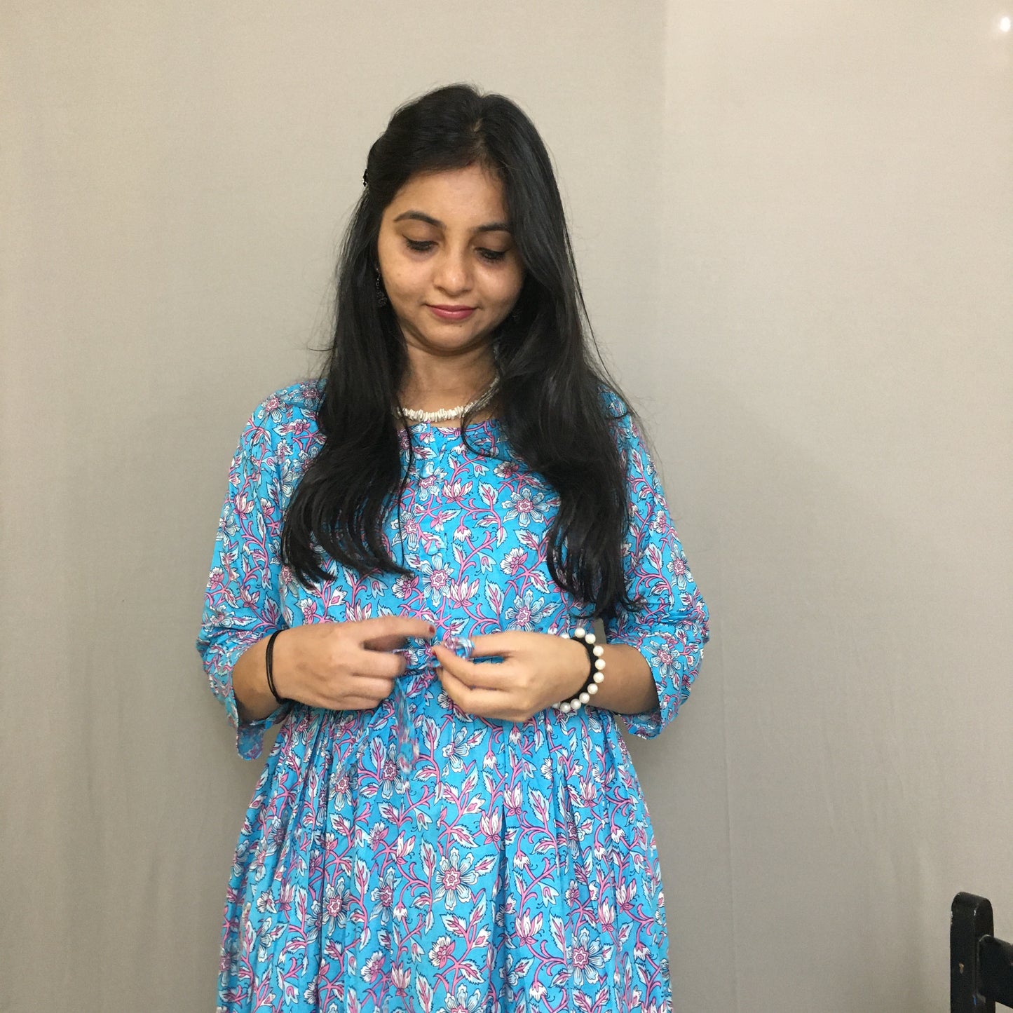 Maternity Kurti with Feeding Zips - Pure Cotton - Firozi Multi flower Print