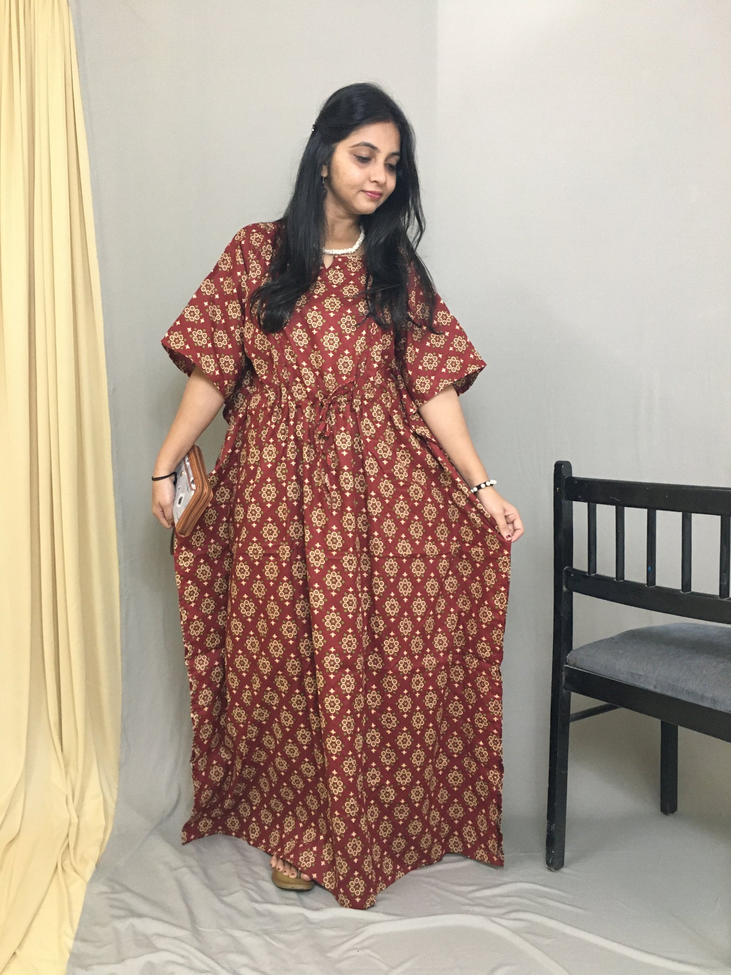 Maternity / Feeding Zips - Kaftan - Free Size - Pure Cotton - Dno - 36 - Maroon
