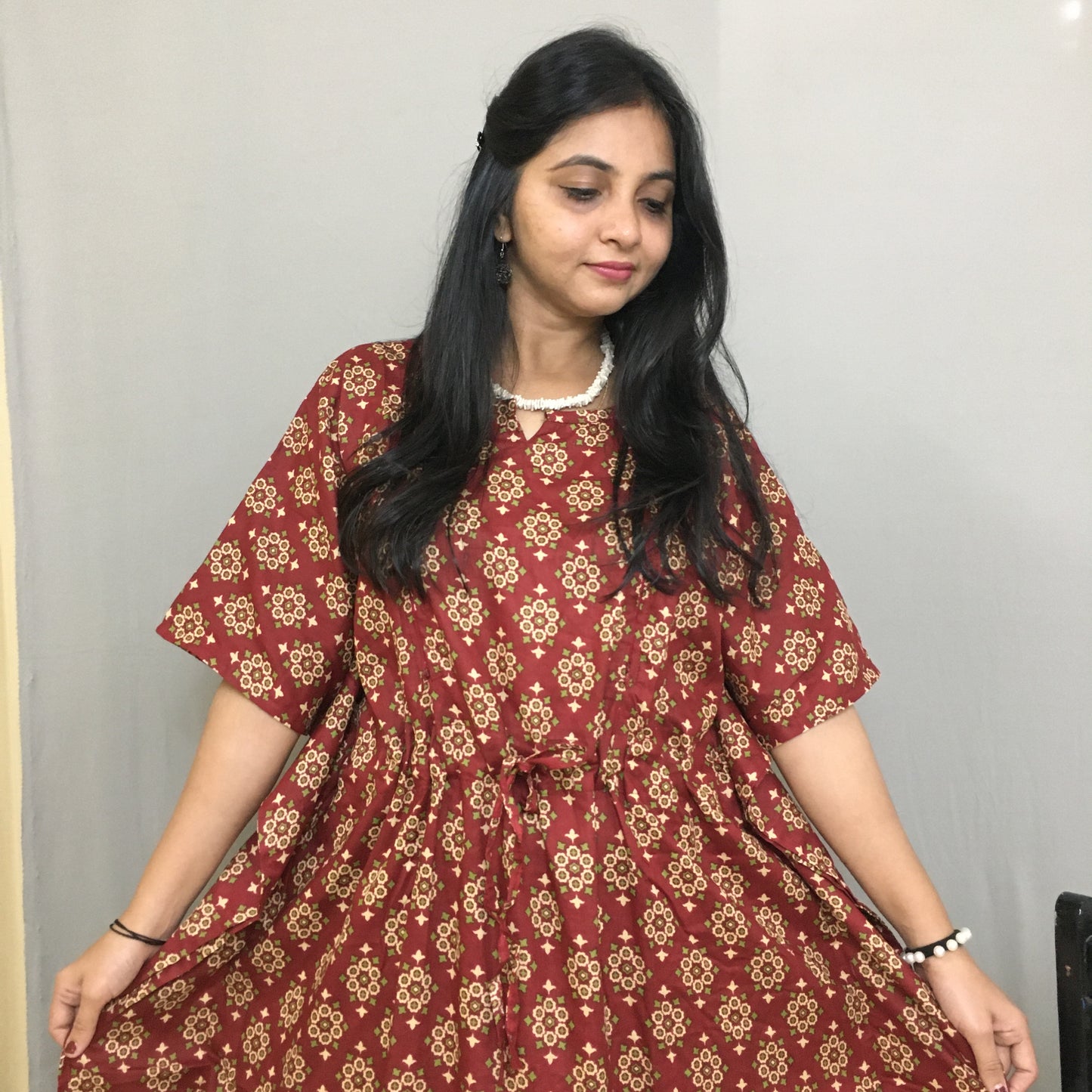 Maternity / Feeding Zips - Kaftan - Free Size - Pure Cotton - Dno - 36 - Maroon