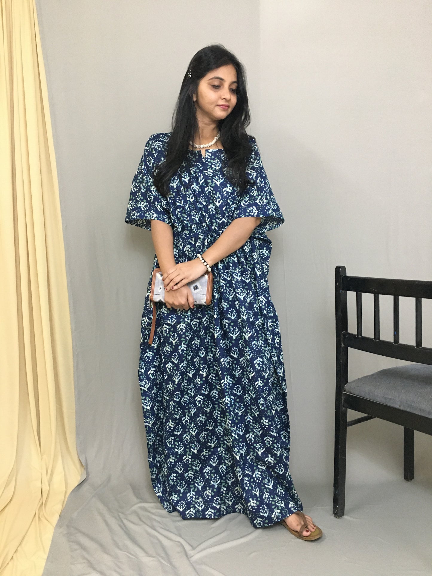 Maternity / Feeding Zips - Kaftan - Free Size - Pure Cotton - Dno - 35 - Blue