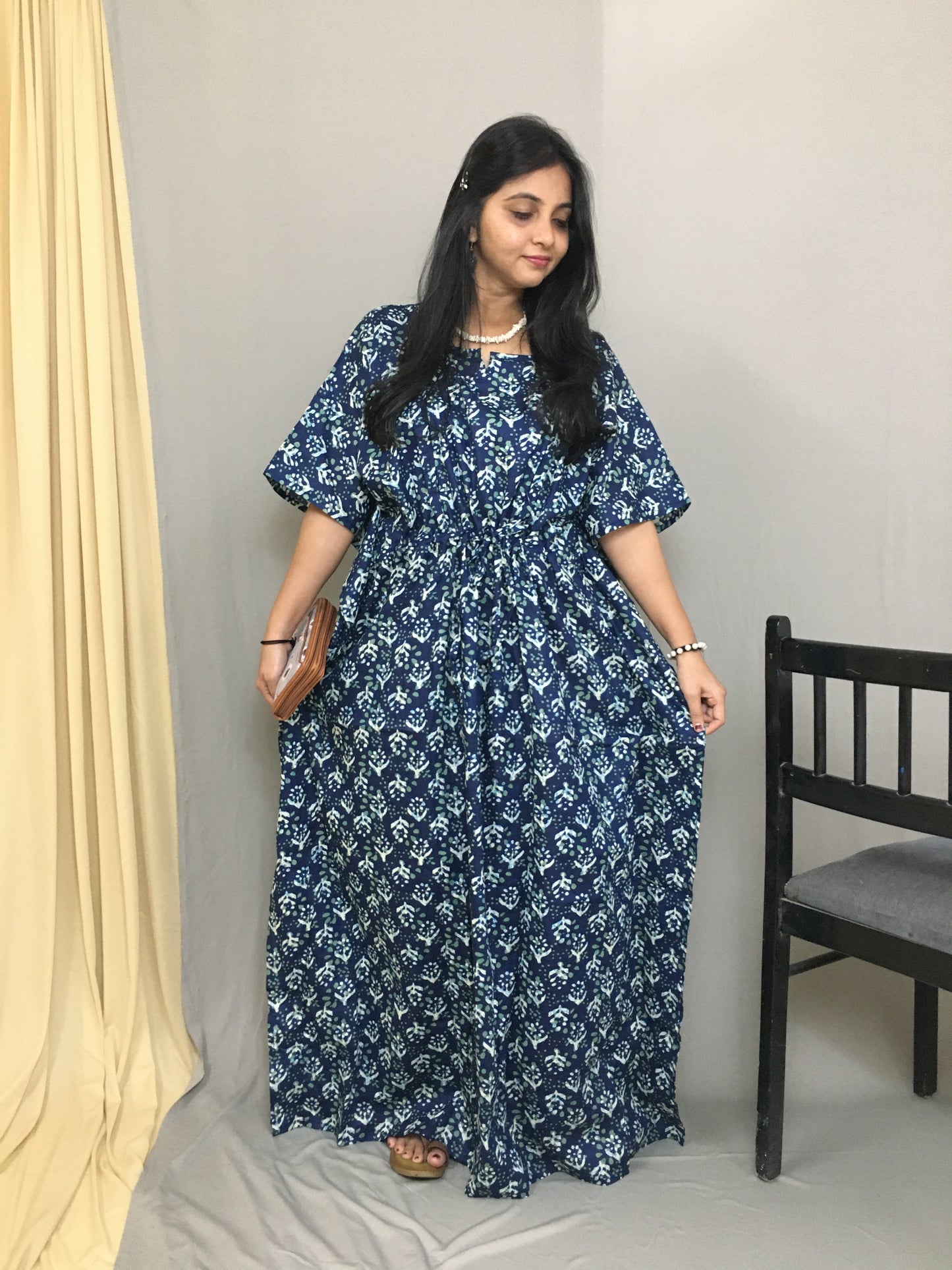 Maternity / Feeding Zips - Kaftan - Free Size - Pure Cotton - Dno - 35 - Blue
