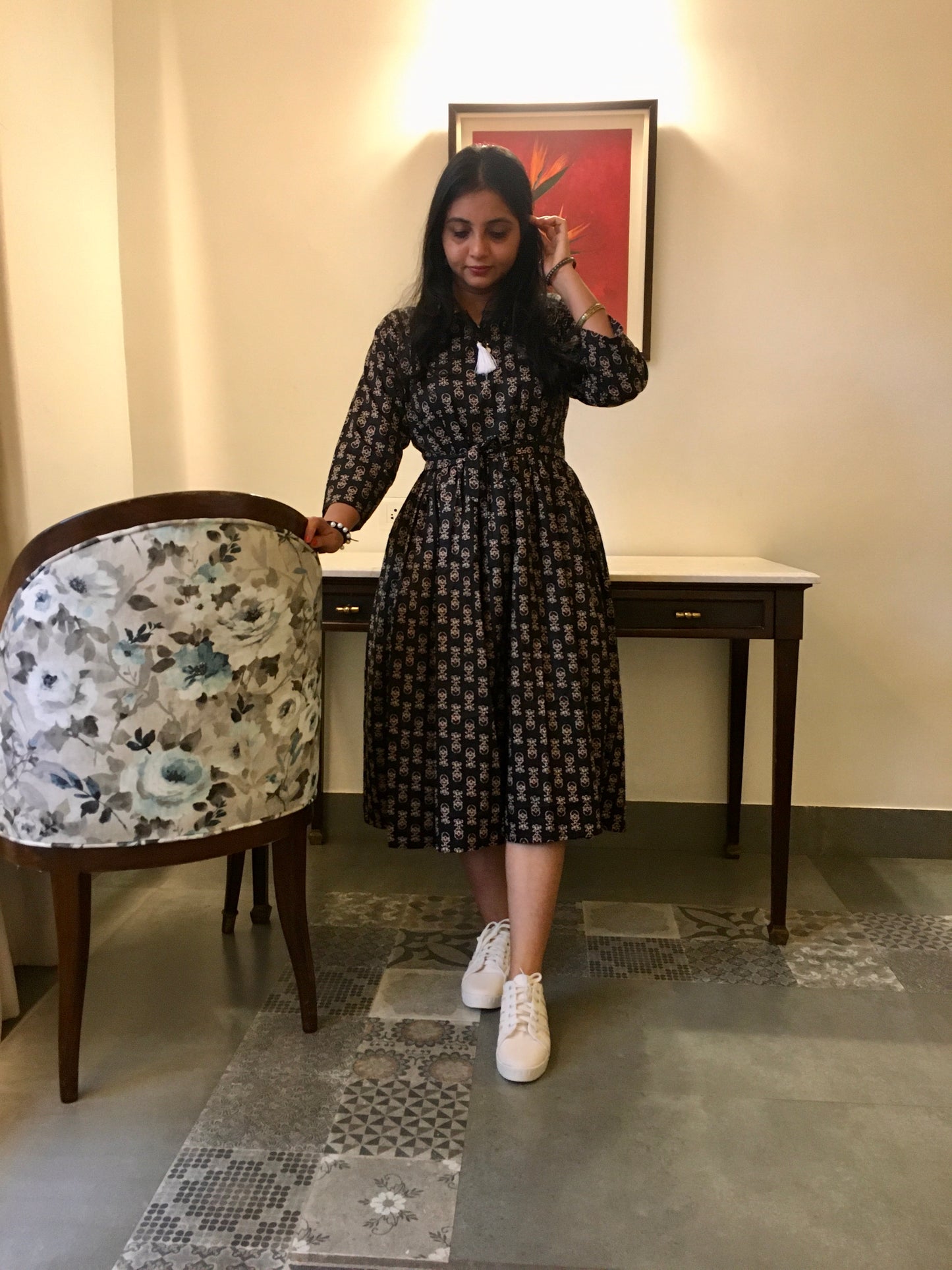New York Style - Flared Dress - Maternity Suitable - Black Cream Ajrakh
