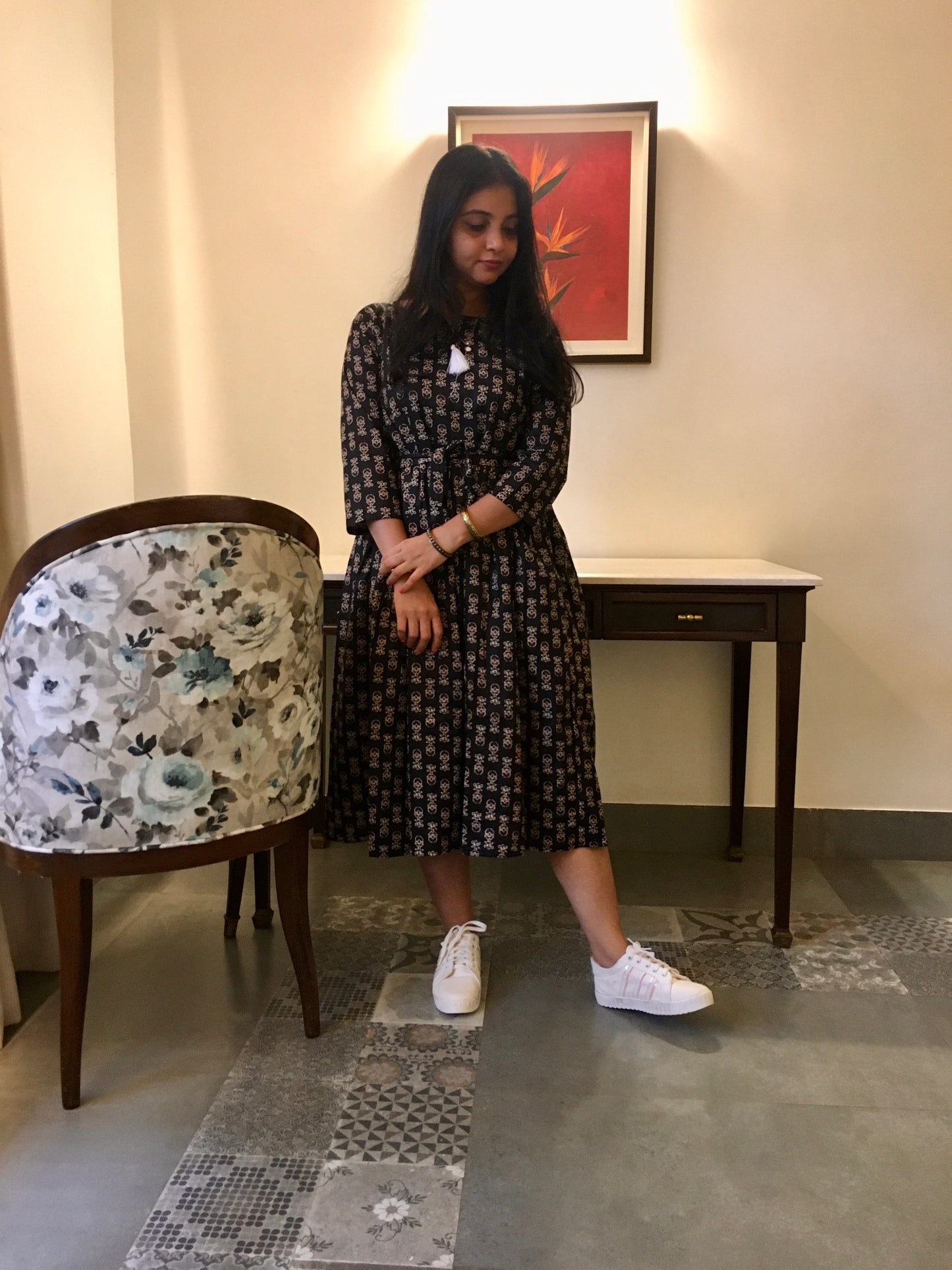 New York Style - Flared Dress - Maternity Suitable - Black Cream Ajrakh